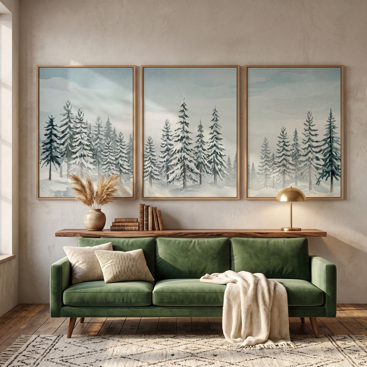 Three snowy pine forest posters with blue and white watercolour winter landscape scenes