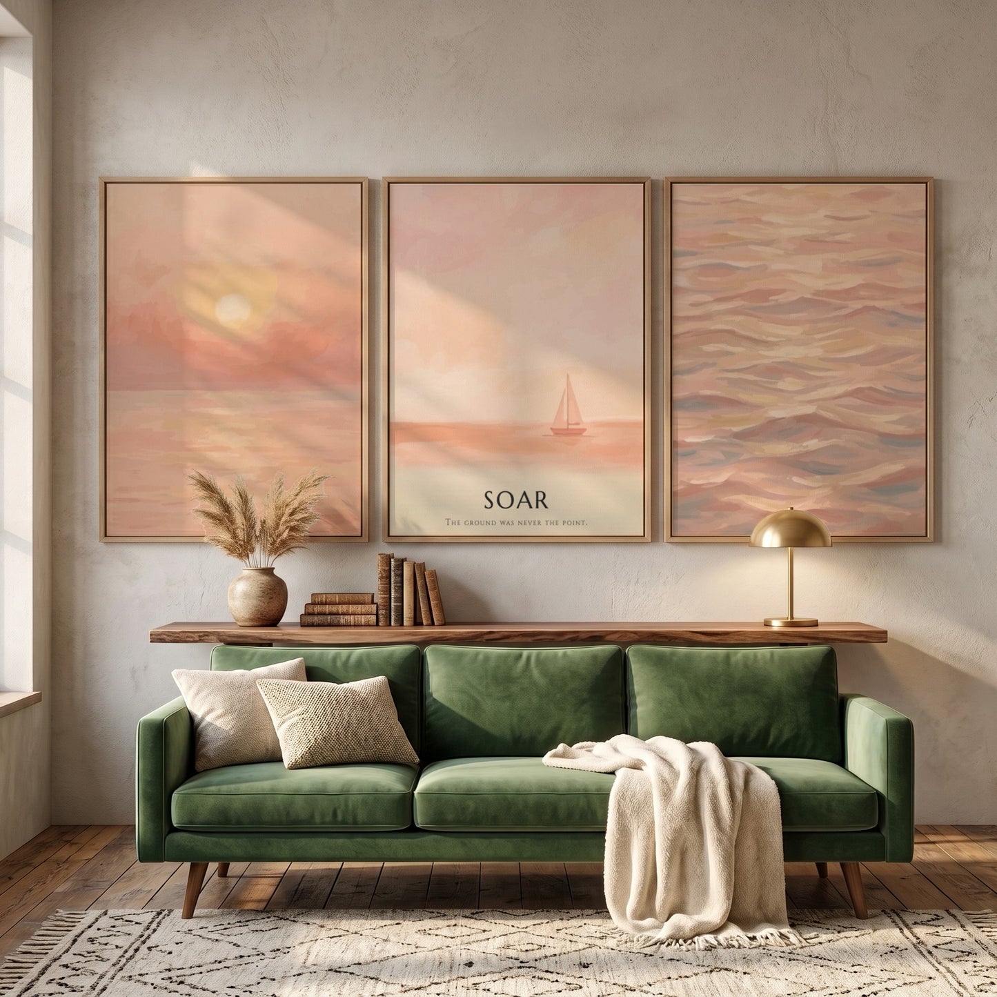 Poster triptych featuring a peaceful coastal sunset with soft peach and coral tones