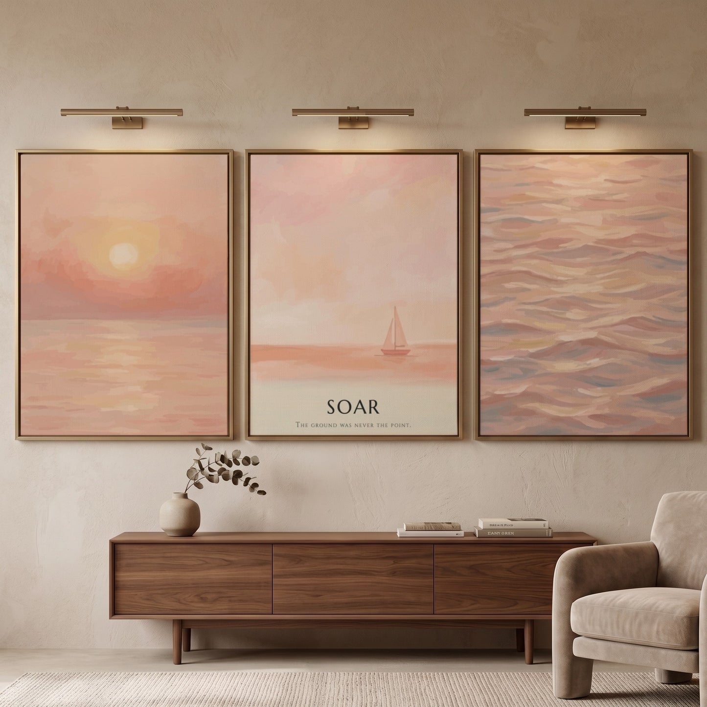 Poster triptych featuring a peaceful coastal sunset with soft peach and coral tones