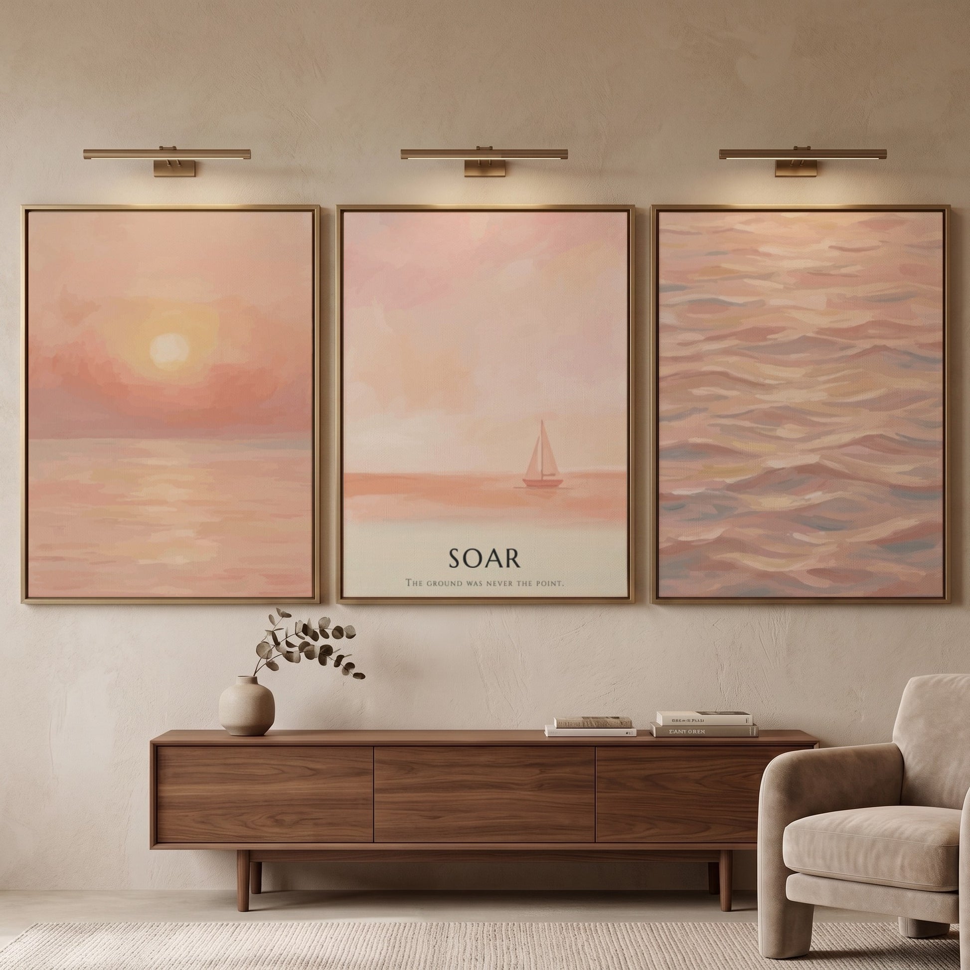 Poster triptych featuring a peaceful coastal sunset with soft peach and coral tones