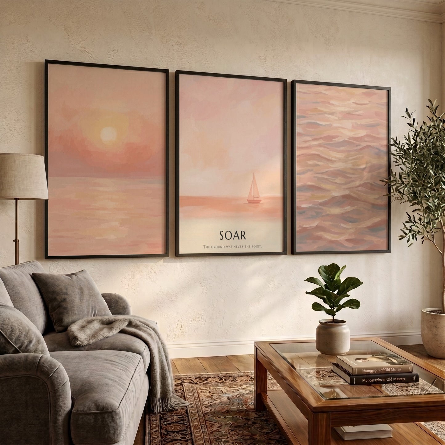 Poster triptych featuring a peaceful coastal sunset with soft peach and coral tones