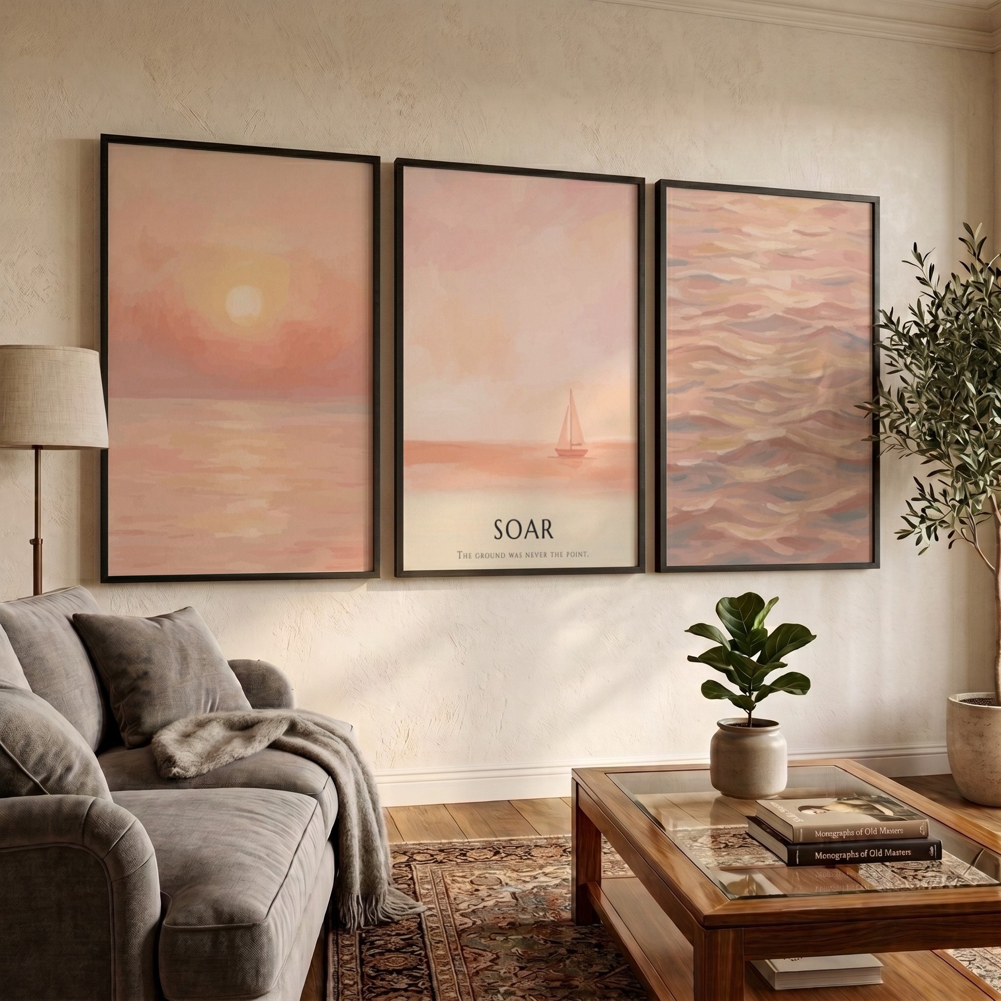 Poster triptych featuring a peaceful coastal sunset with soft peach and coral tones