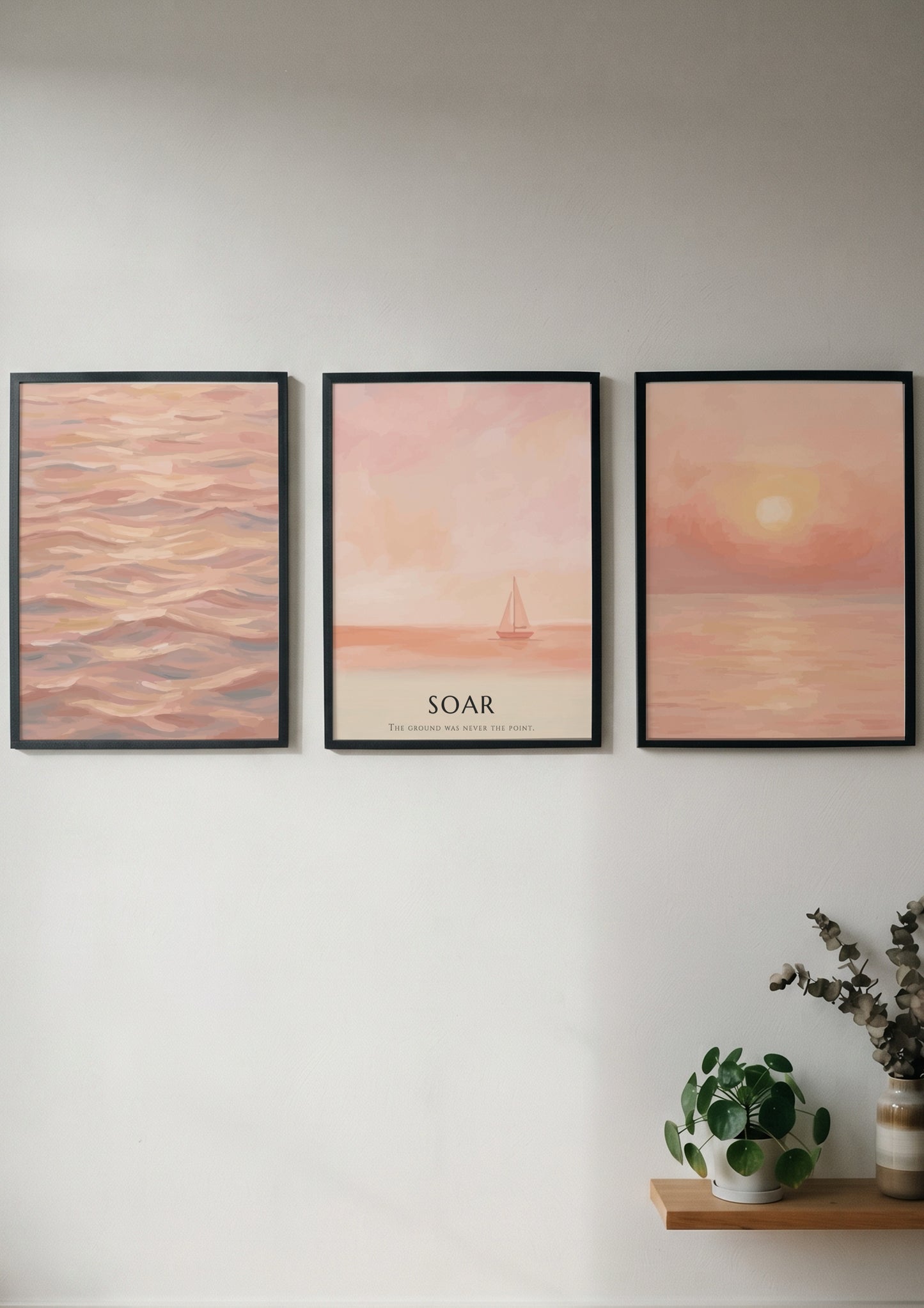 Poster triptych featuring a peaceful coastal sunset with soft peach and coral tones