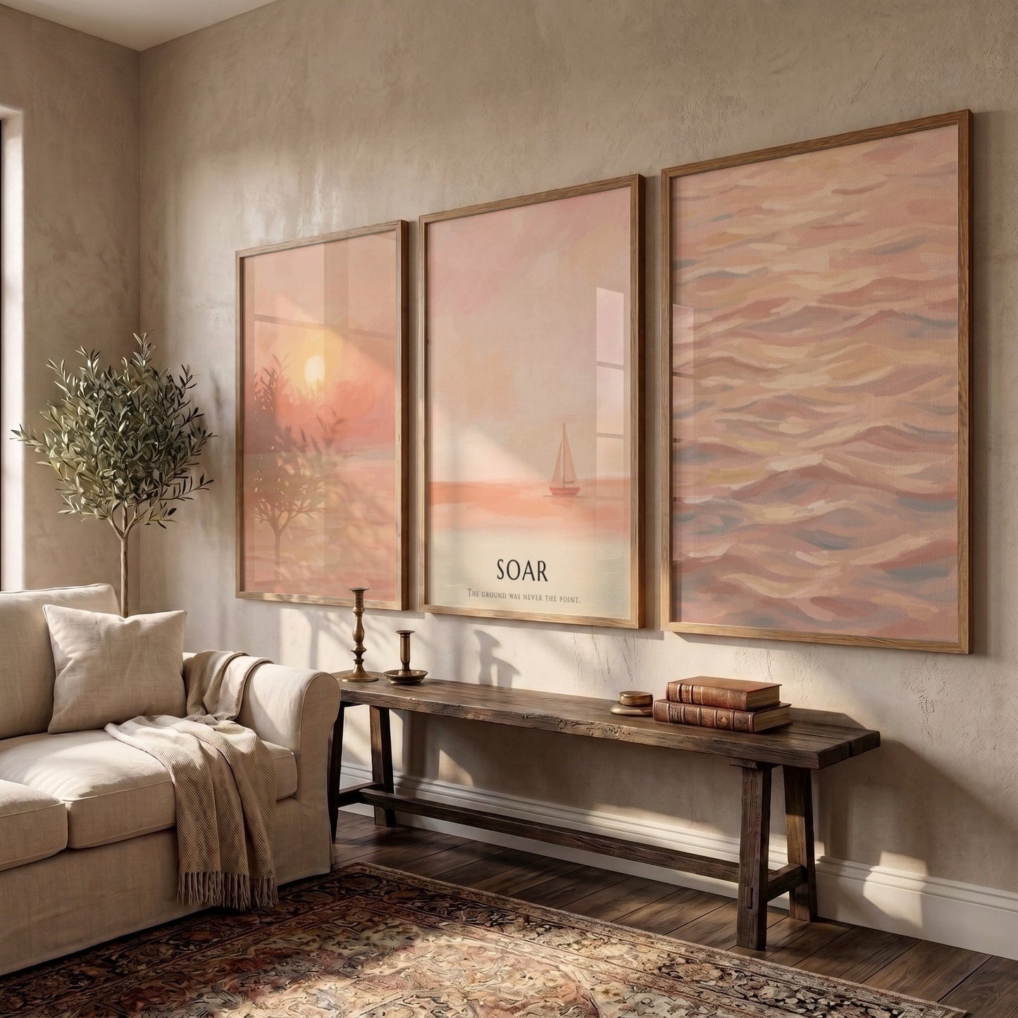 Poster triptych featuring a peaceful coastal sunset with soft peach and coral tones