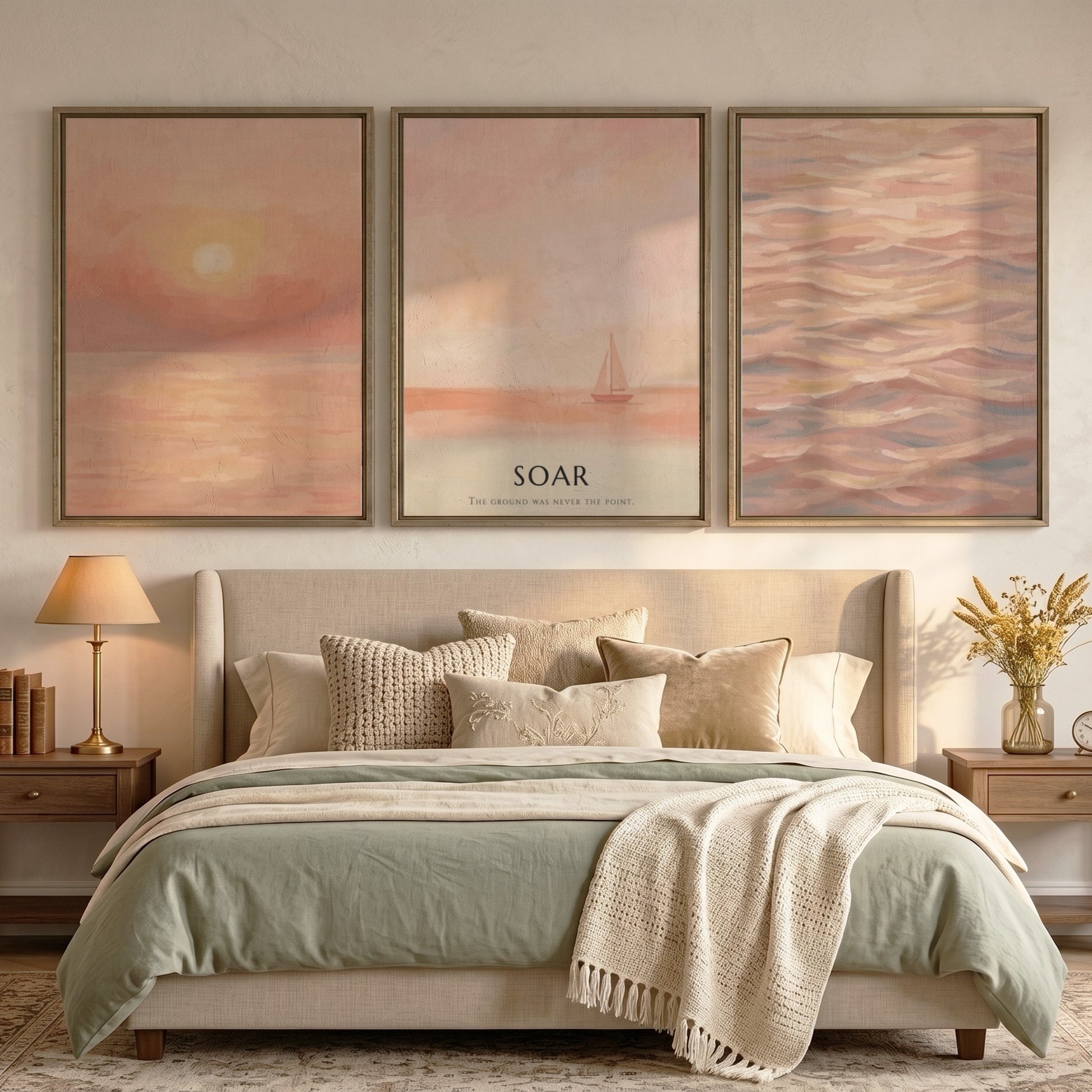 Poster triptych featuring a peaceful coastal sunset with soft peach and coral tones