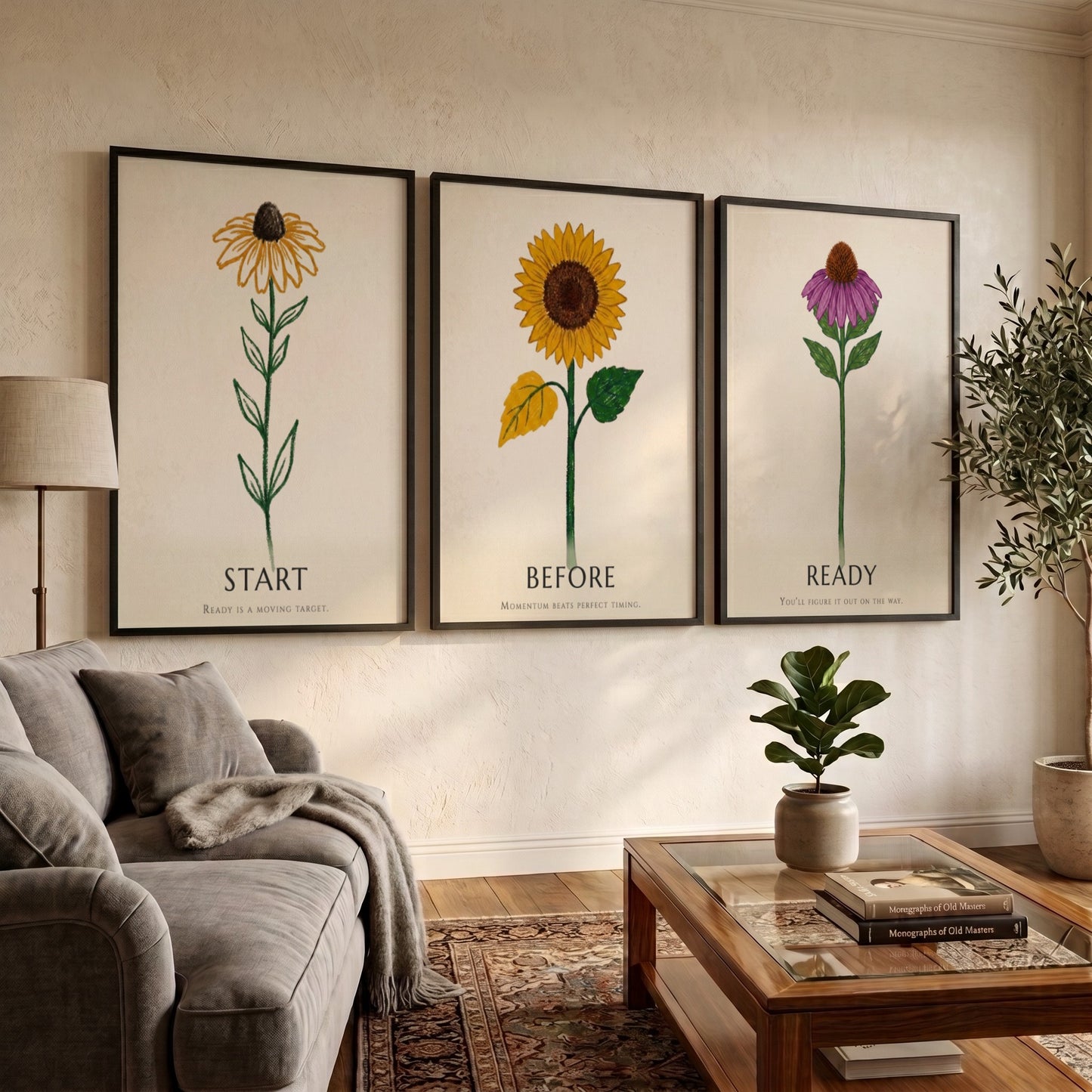 Poster set featuring three botanical flower illustrations with the words Ready Before Start