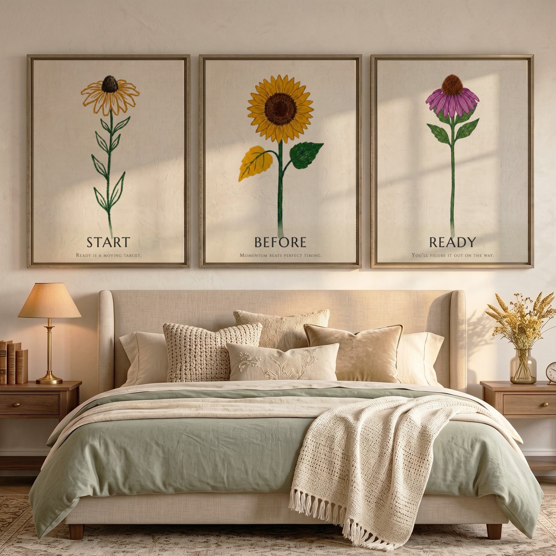 Poster set featuring three botanical flower illustrations with the words Ready Before Start