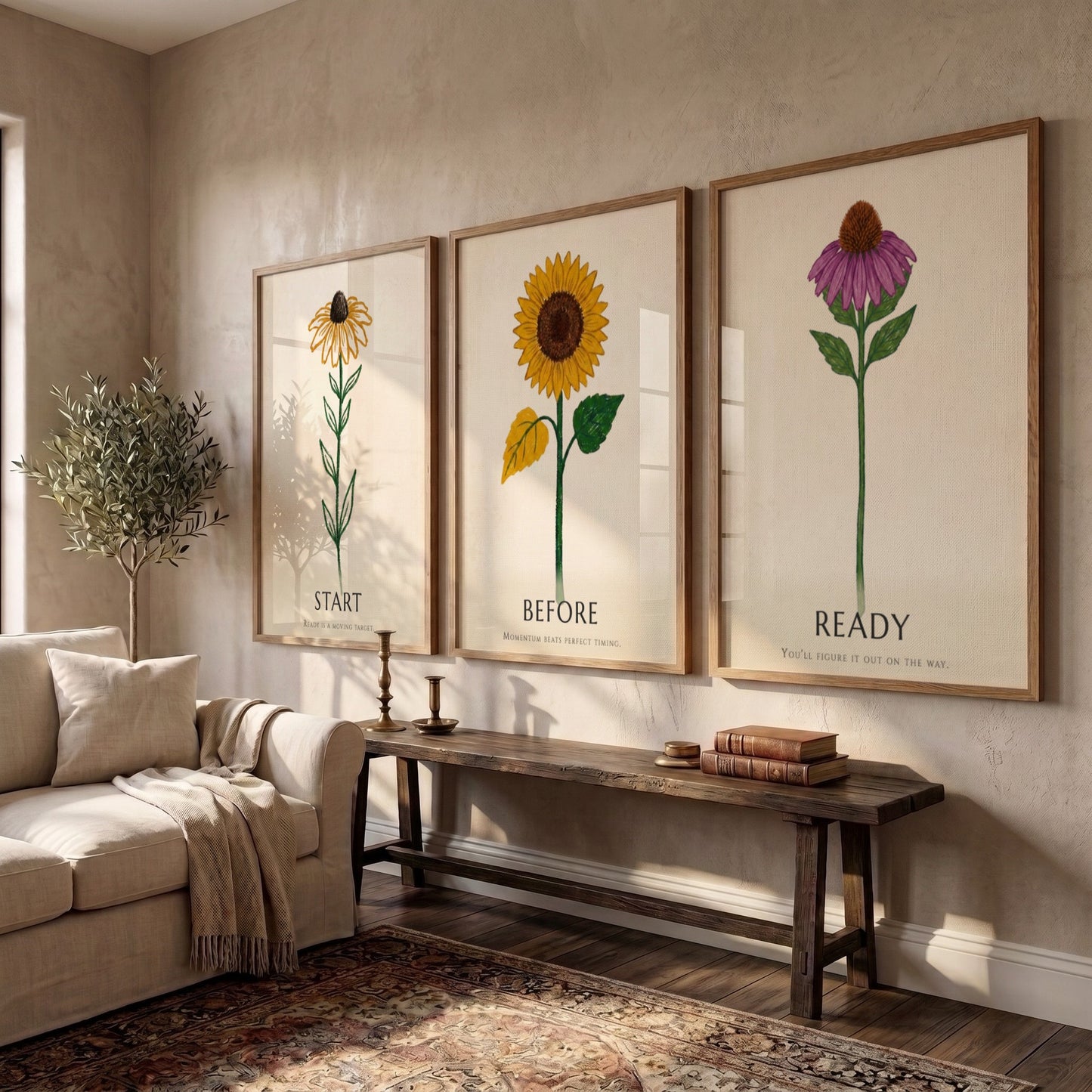 Poster set featuring three botanical flower illustrations with the words Ready Before Start