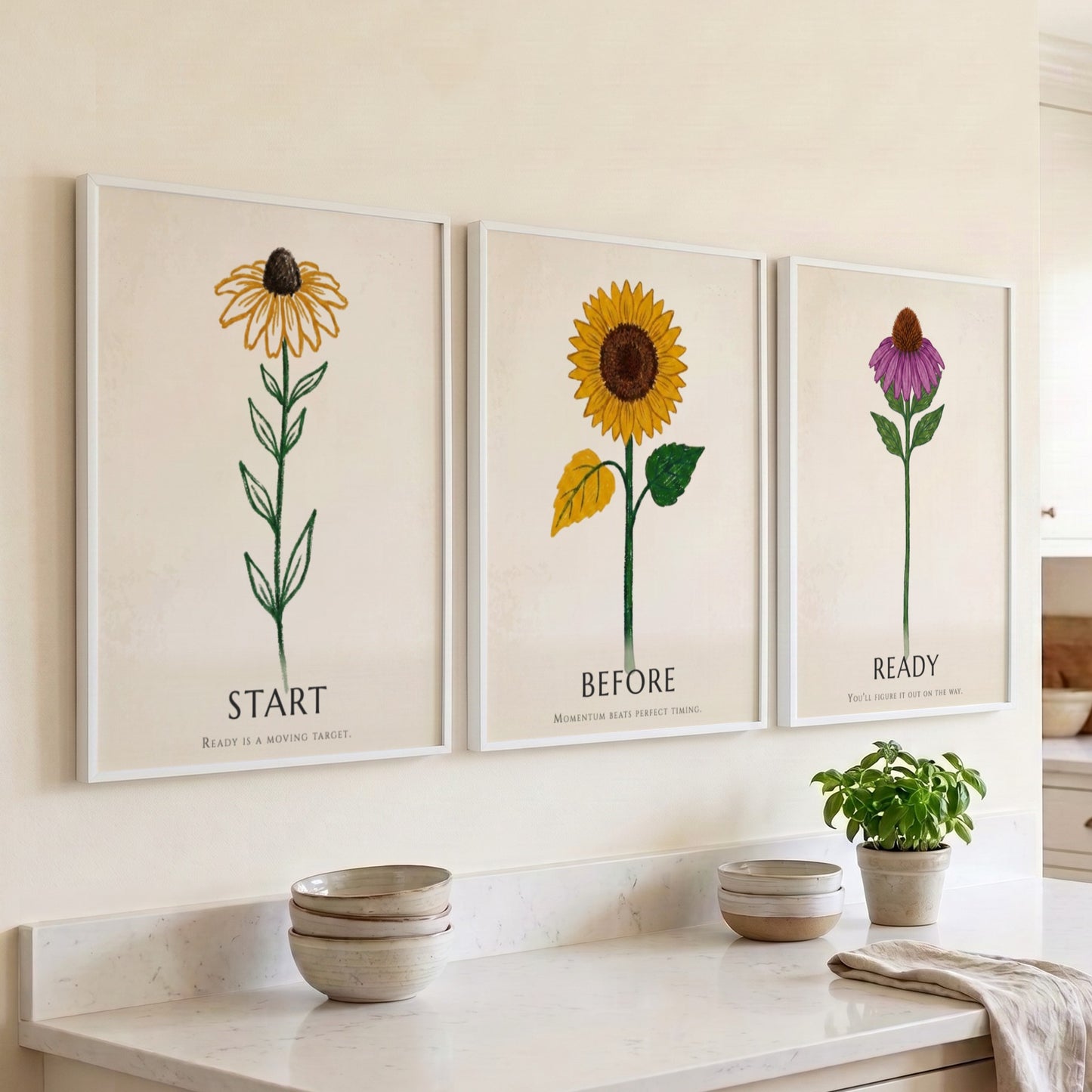 Poster set featuring three botanical flower illustrations with the words Ready Before Start