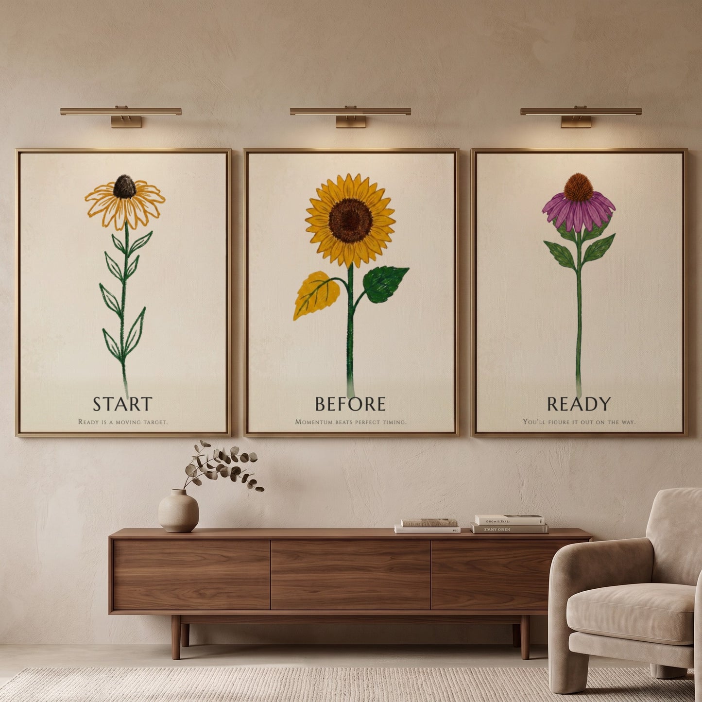 Poster set featuring three botanical flower illustrations with the words Ready Before Start