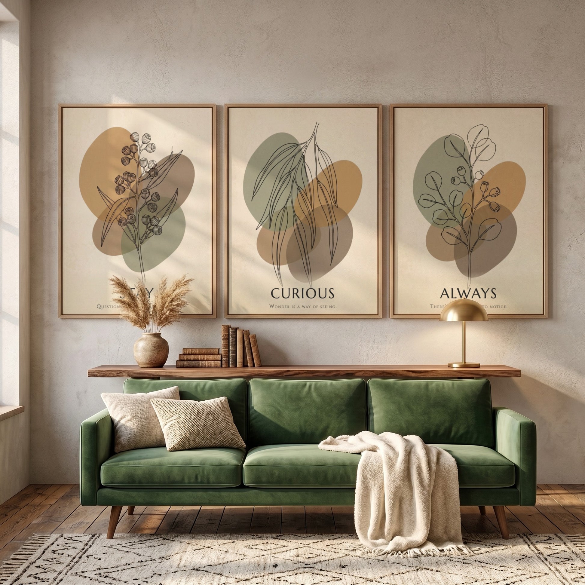 Poster set featuring Stay Curious Always text with botanical line drawings on abstract shapes