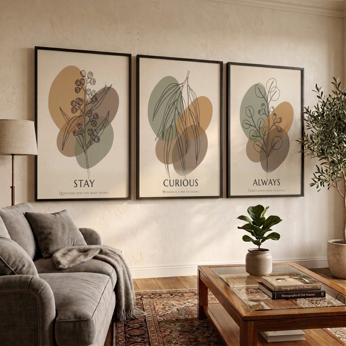Poster set featuring Stay Curious Always text with botanical line drawings on abstract shapes