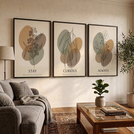 Poster set featuring Stay Curious Always text with botanical line drawings on abstract shapes