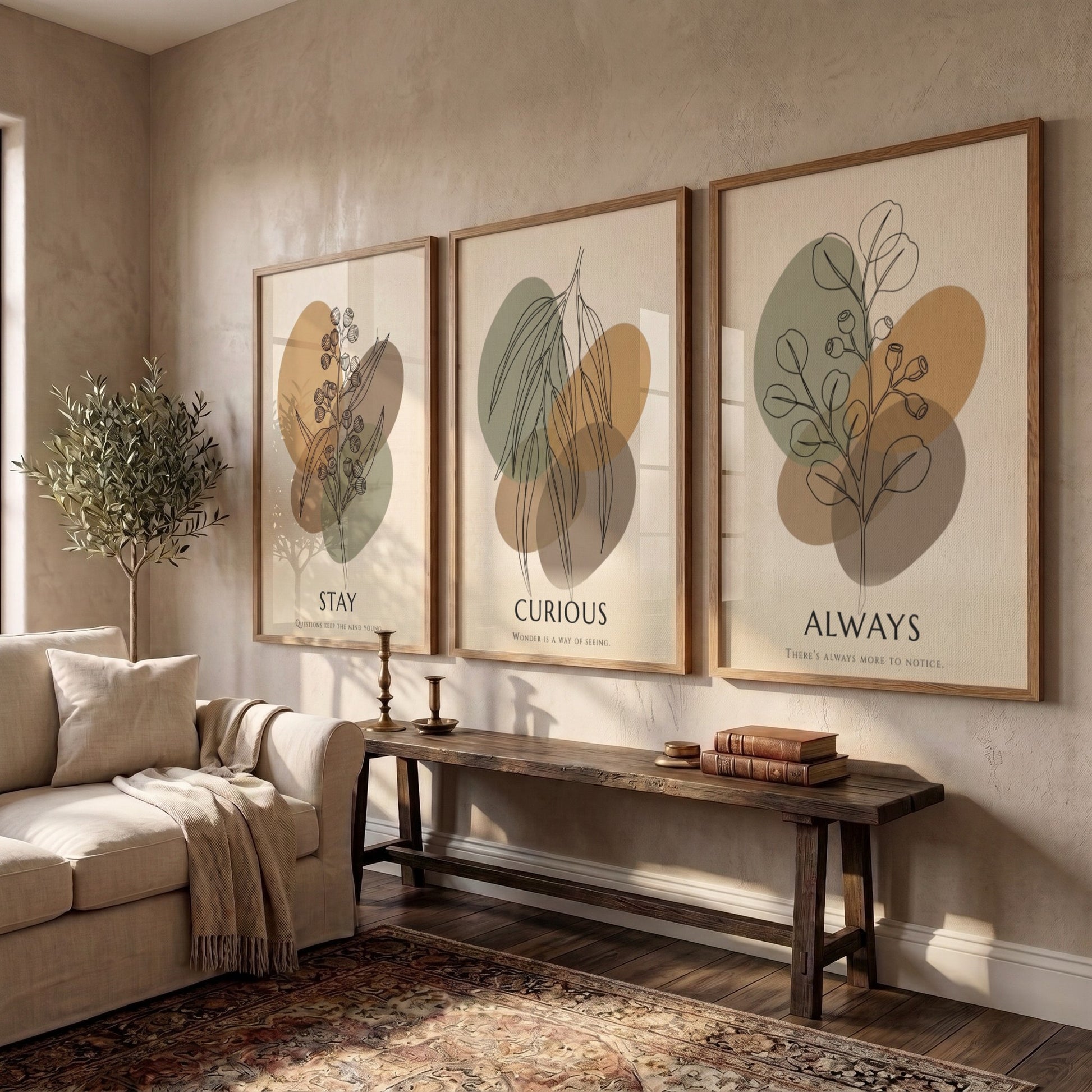 Poster set featuring Stay Curious Always text with botanical line drawings on abstract shapes