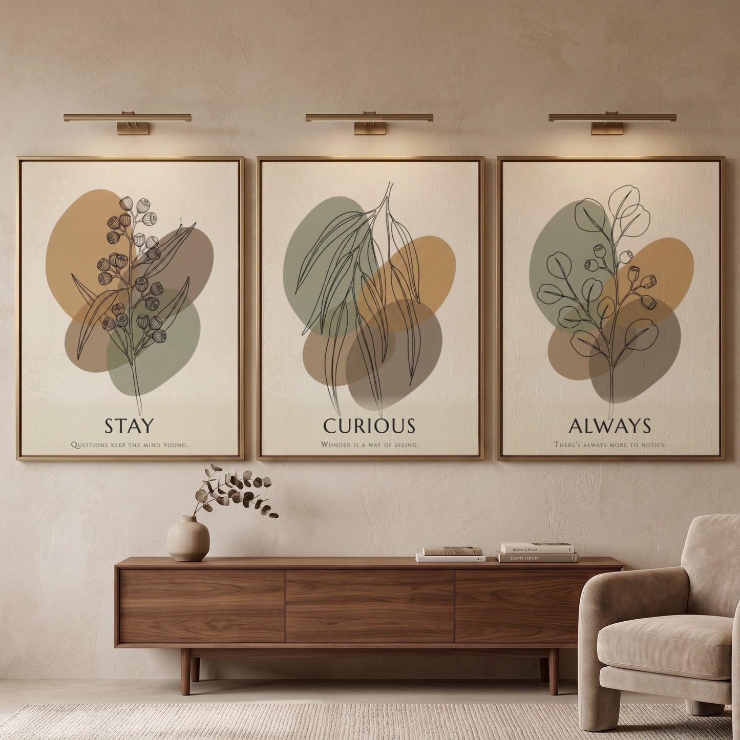 Poster set featuring Stay Curious Always text with botanical line drawings on abstract shapes