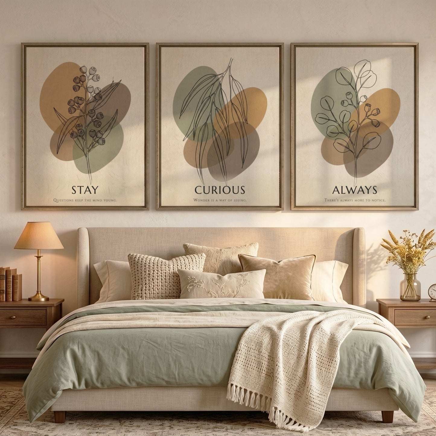 Poster set featuring Stay Curious Always text with botanical line drawings on abstract shapes