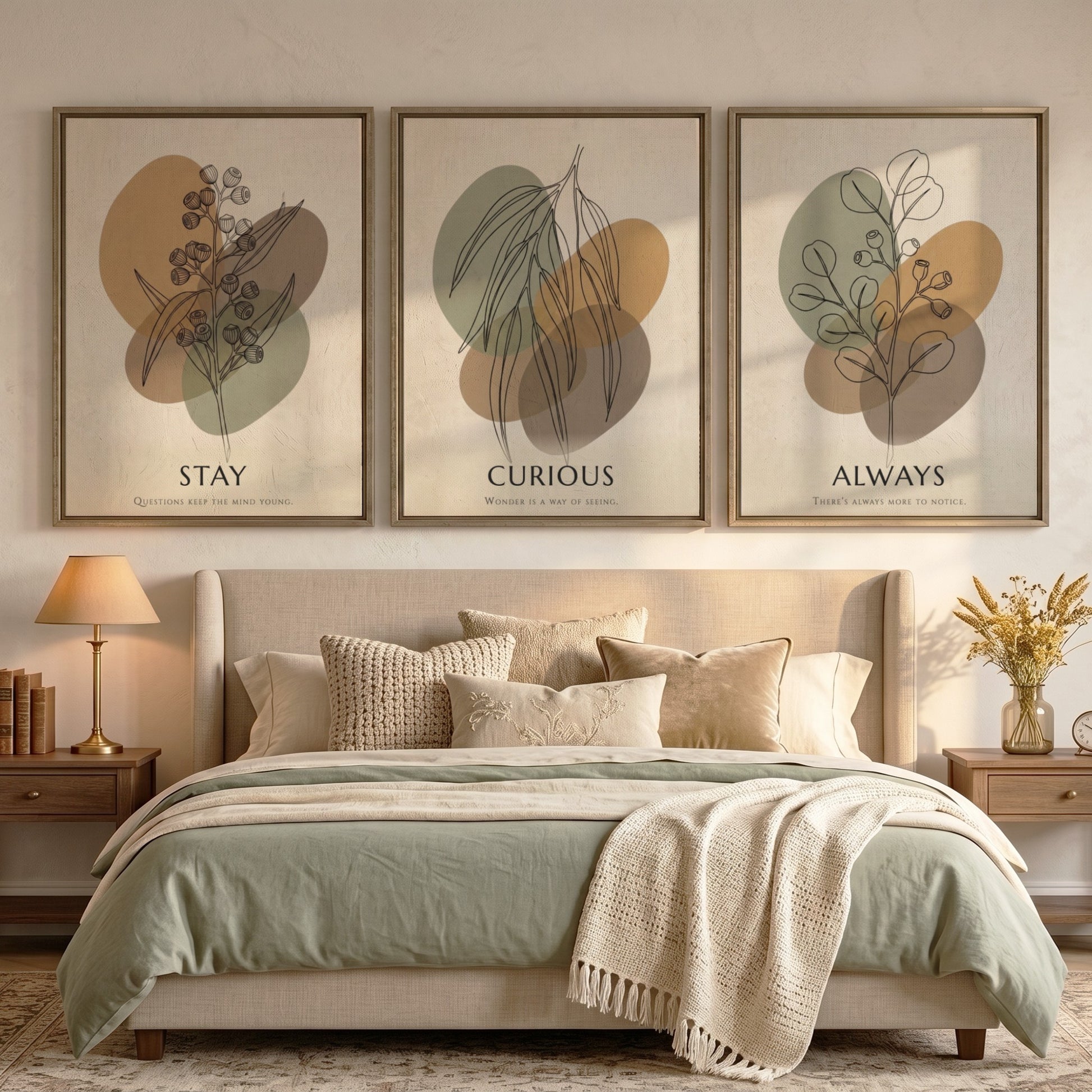 Poster set featuring Stay Curious Always text with botanical line drawings on abstract shapes