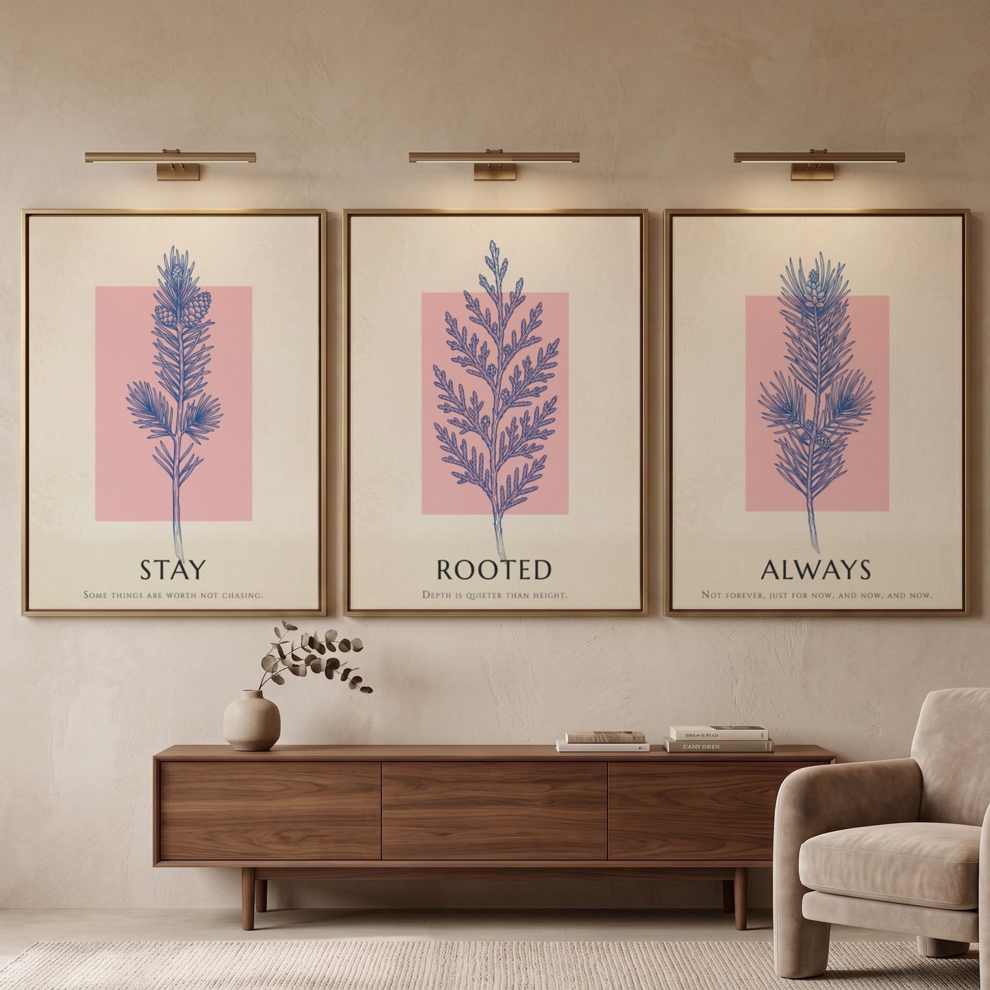 Poster set featuring three botanical prints with navy foliage on cream and blush backgrounds.