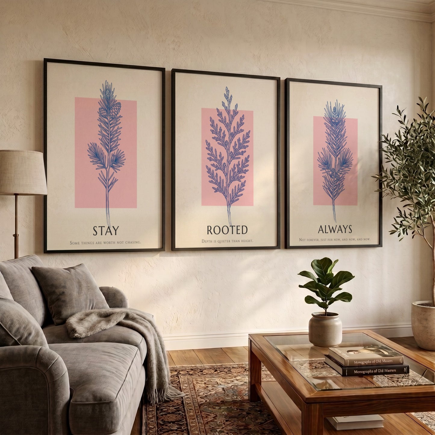 Poster set featuring three botanical prints with navy foliage on cream and blush backgrounds.