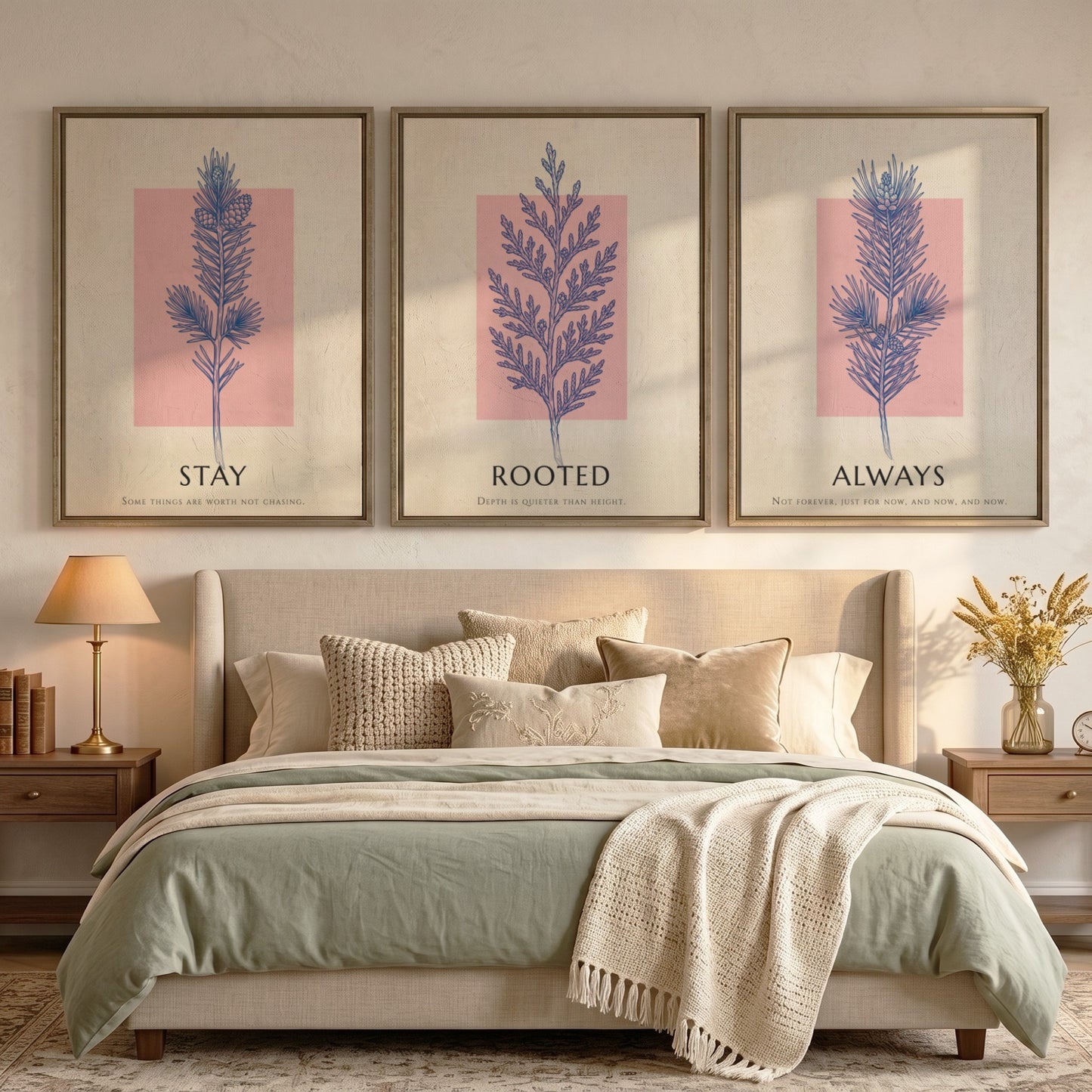 Poster set featuring three botanical prints with navy foliage on cream and blush backgrounds.