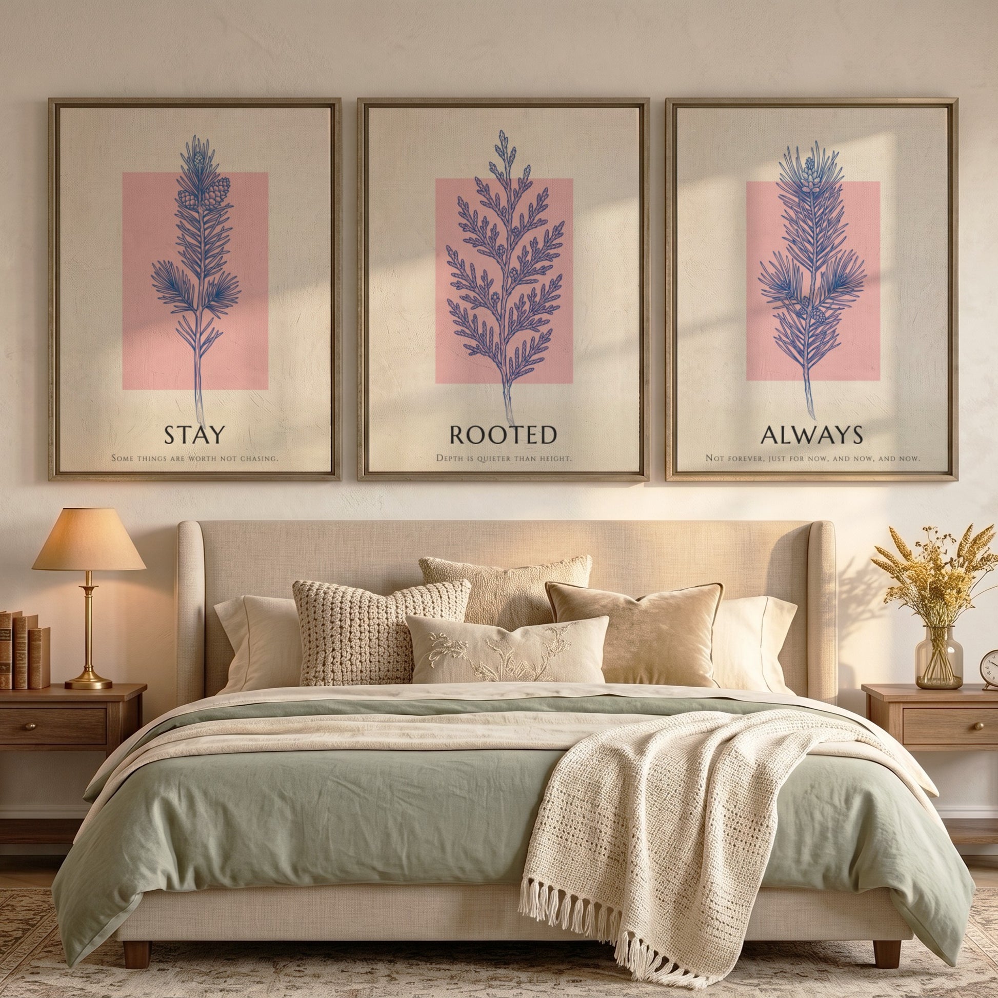 Poster set featuring three botanical prints with navy foliage on cream and blush backgrounds.