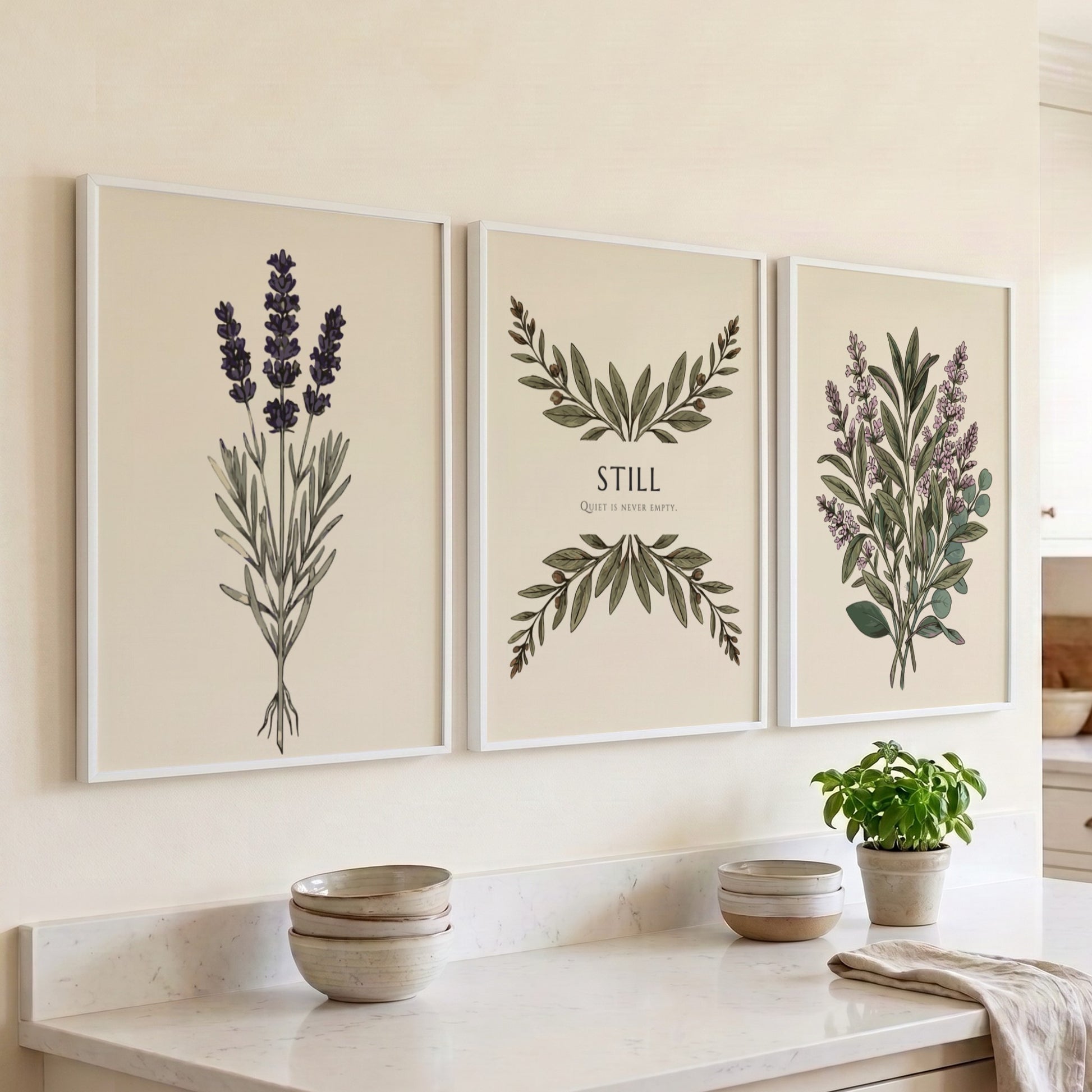 Poster triptych featuring sage and lavender botanical illustrations with the text Still centered