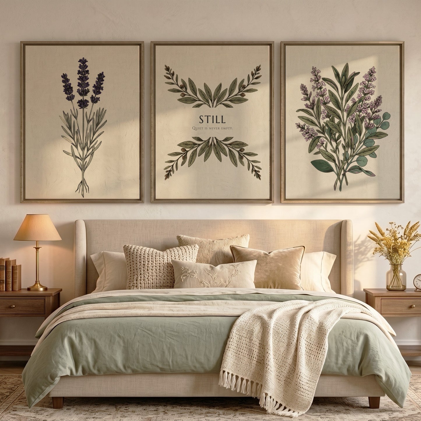 Poster triptych featuring sage and lavender botanical illustrations with the text Still centered
