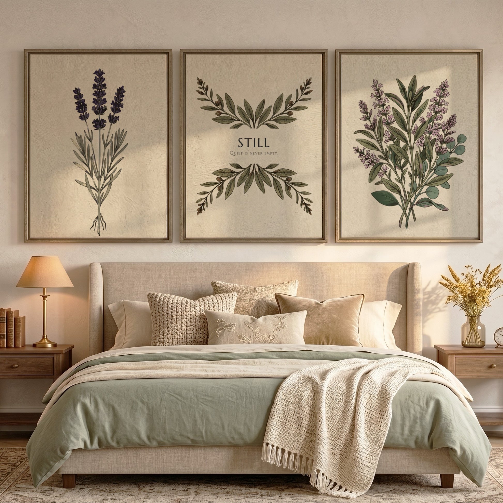 Poster triptych featuring sage and lavender botanical illustrations with the text Still centered