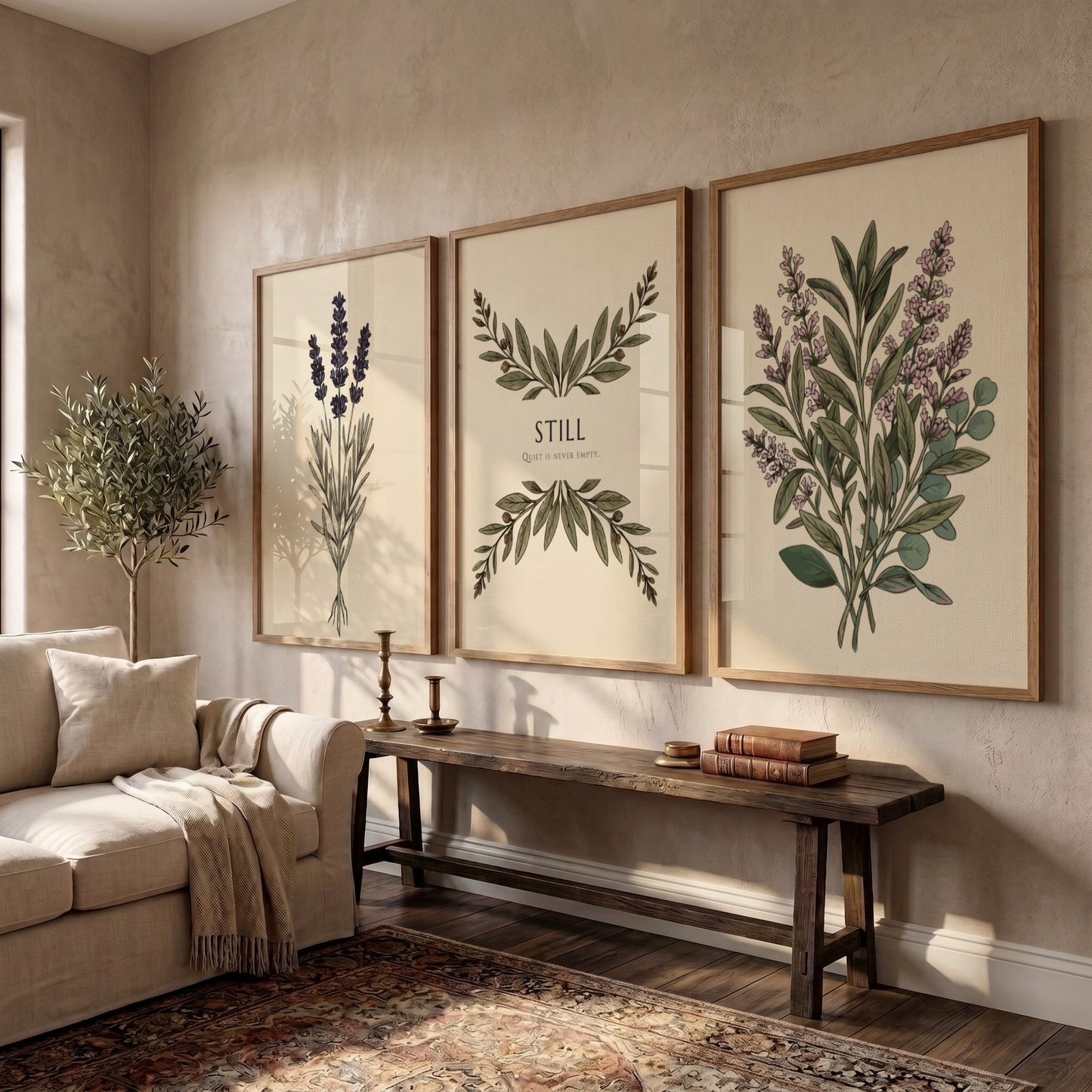 Poster triptych featuring sage and lavender botanical illustrations with the text Still centered