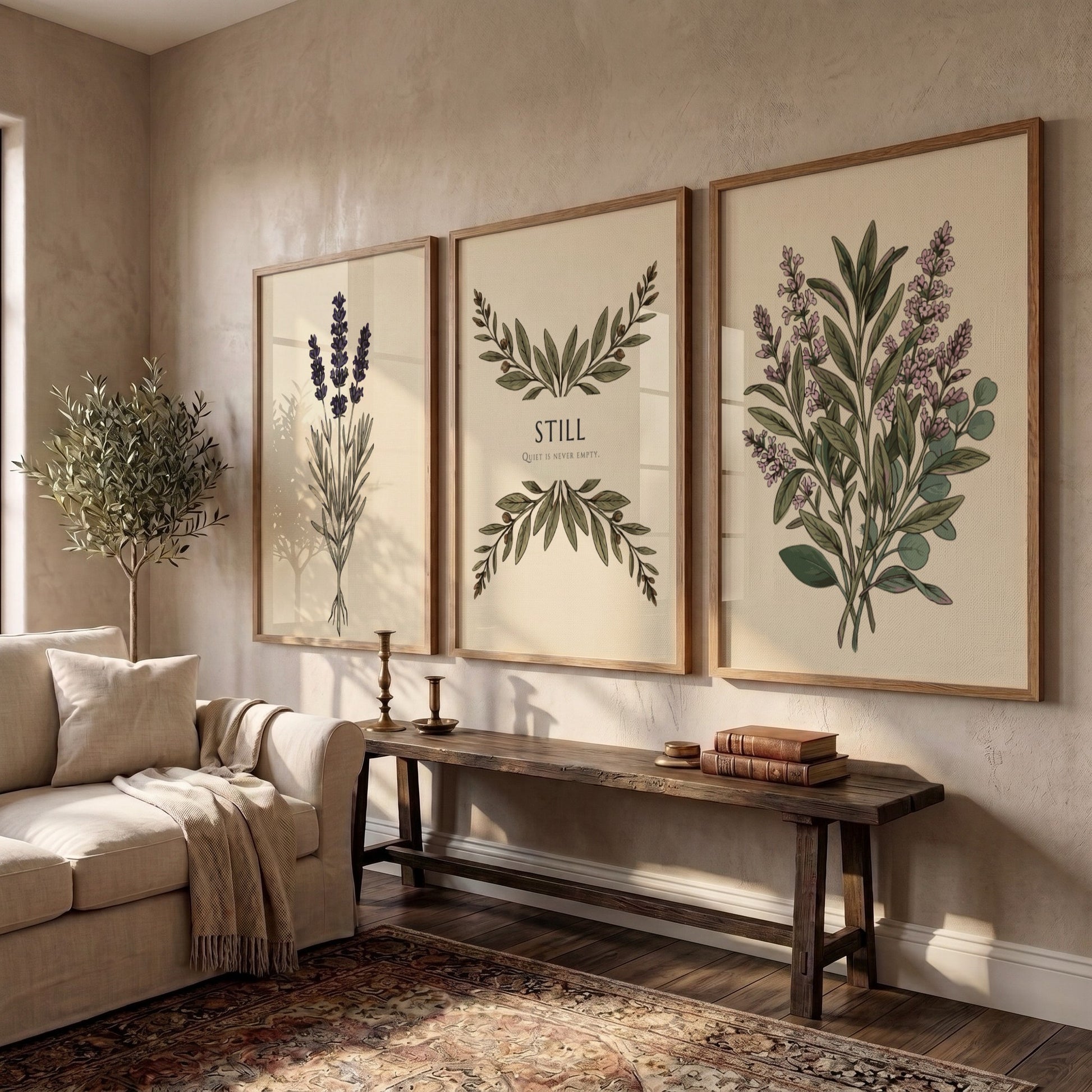 Poster triptych featuring sage and lavender botanical illustrations with the text Still centered