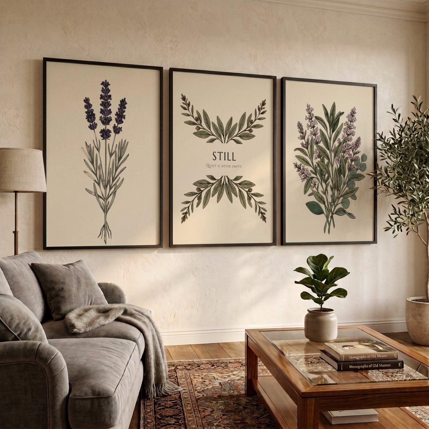 Poster triptych featuring sage and lavender botanical illustrations with the text Still centered