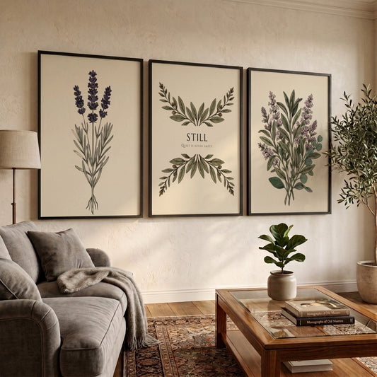 Poster triptych featuring sage and lavender botanical illustrations with the text Still centered