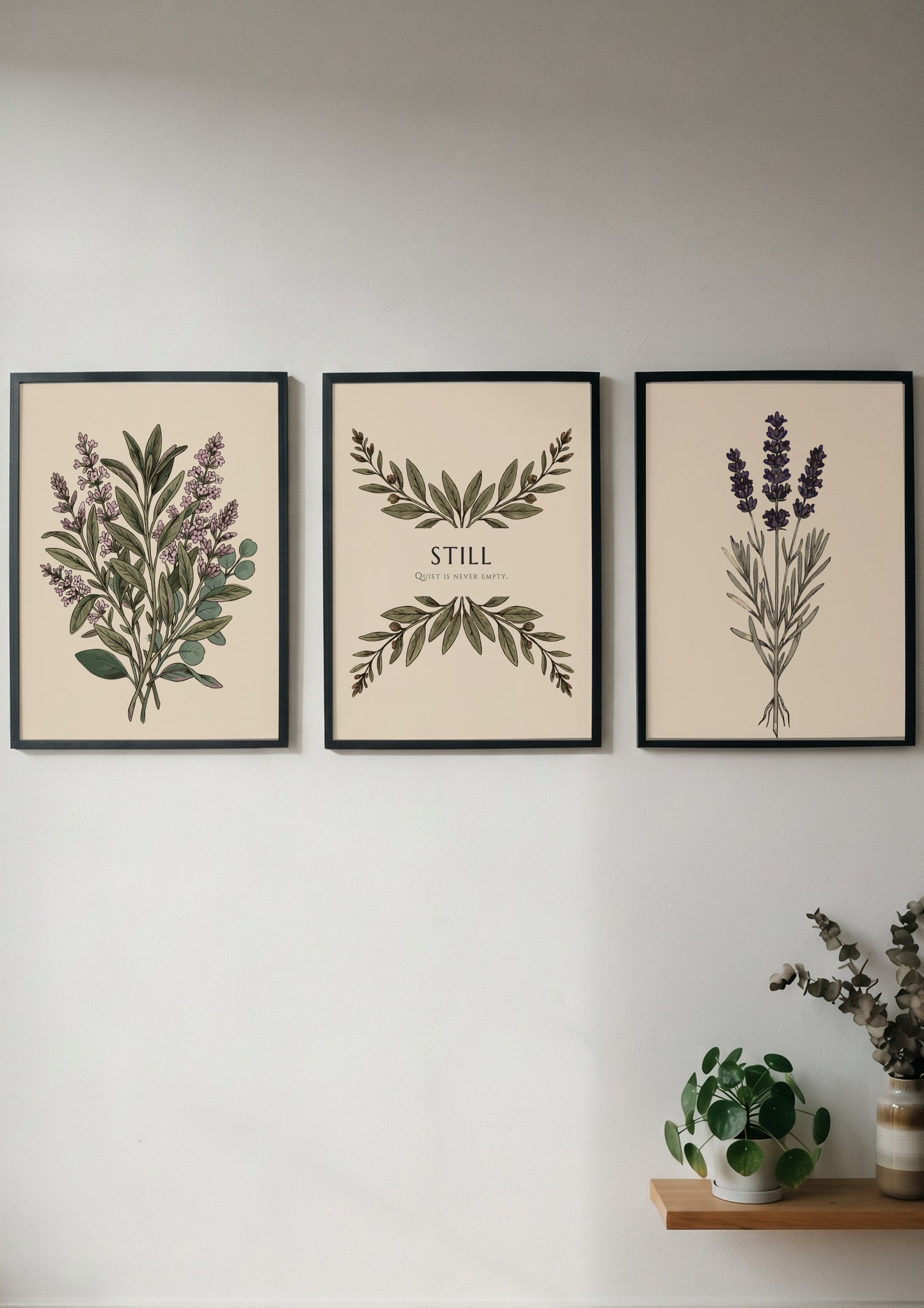 Poster triptych featuring sage and lavender botanical illustrations with the text Still centered