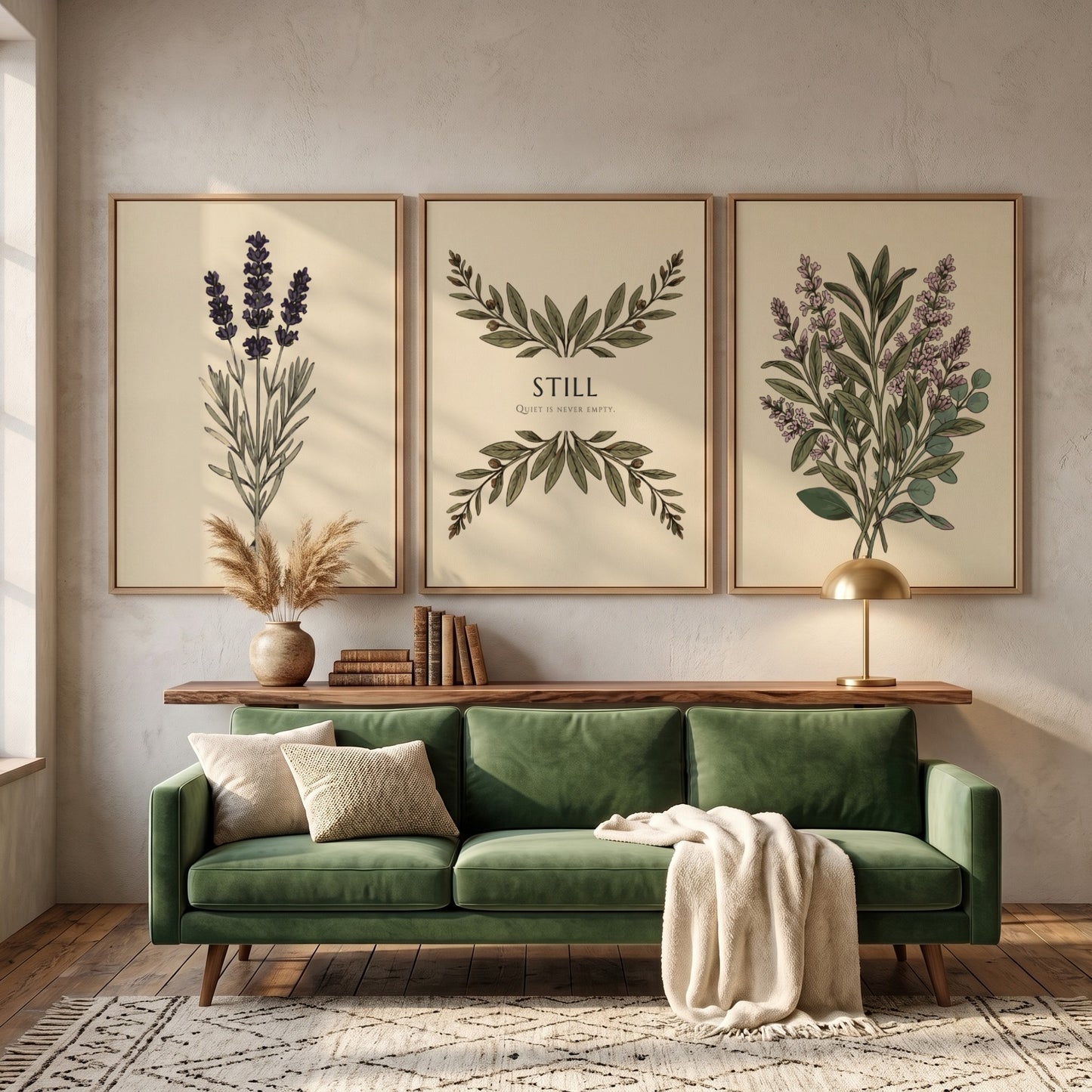 Poster triptych featuring sage and lavender botanical illustrations with the text Still centered