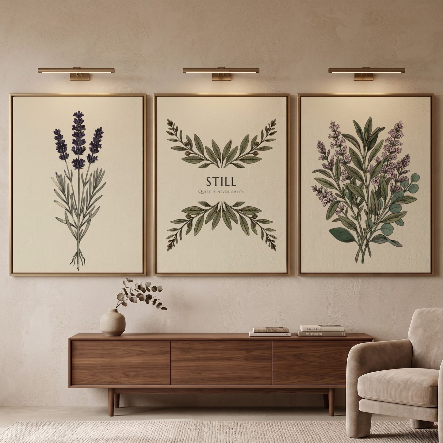 Poster triptych featuring sage and lavender botanical illustrations with the text Still centered