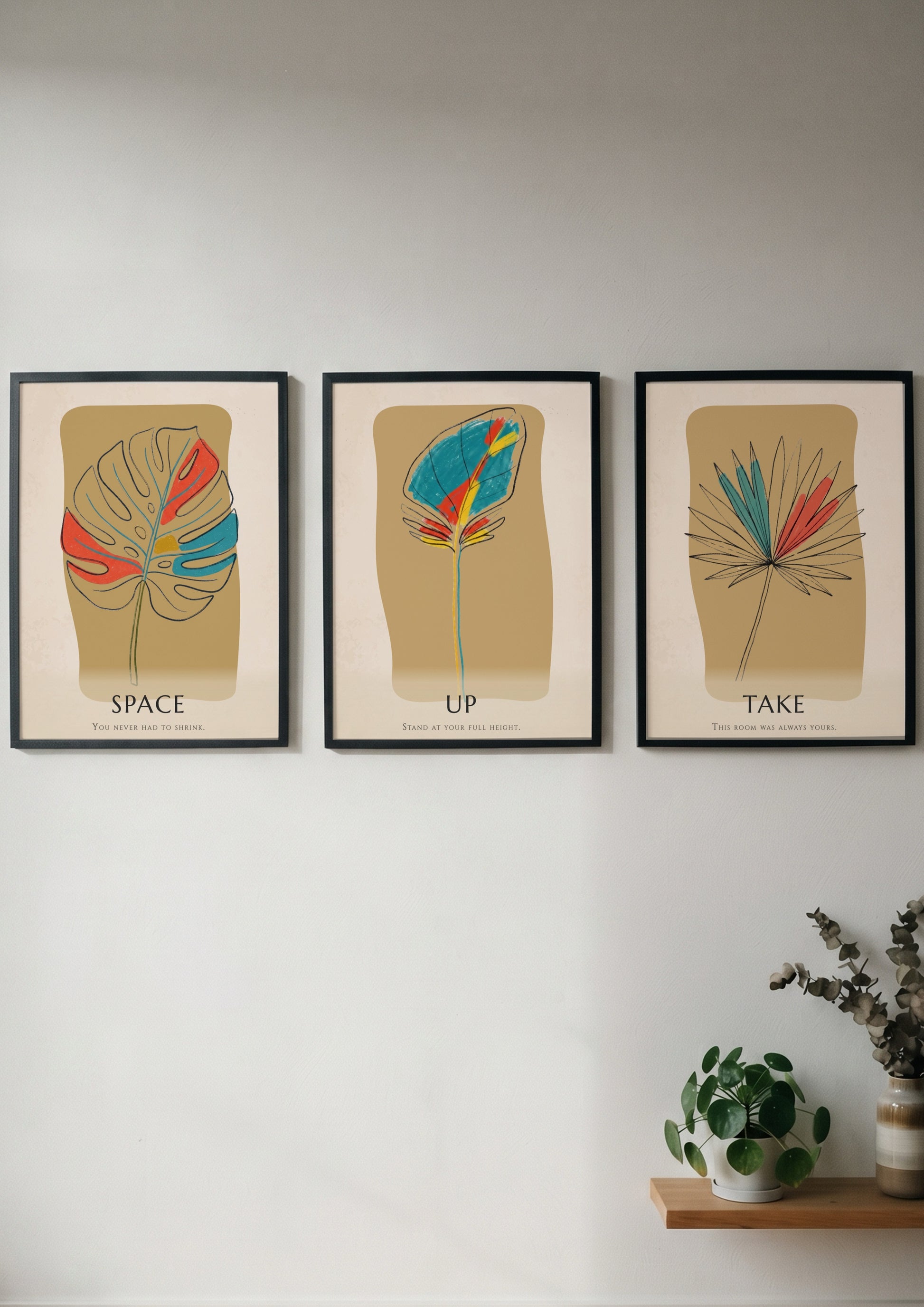 Poster set featuring three botanical leaf illustrations with minimalist text on warm ochre backgrounds.