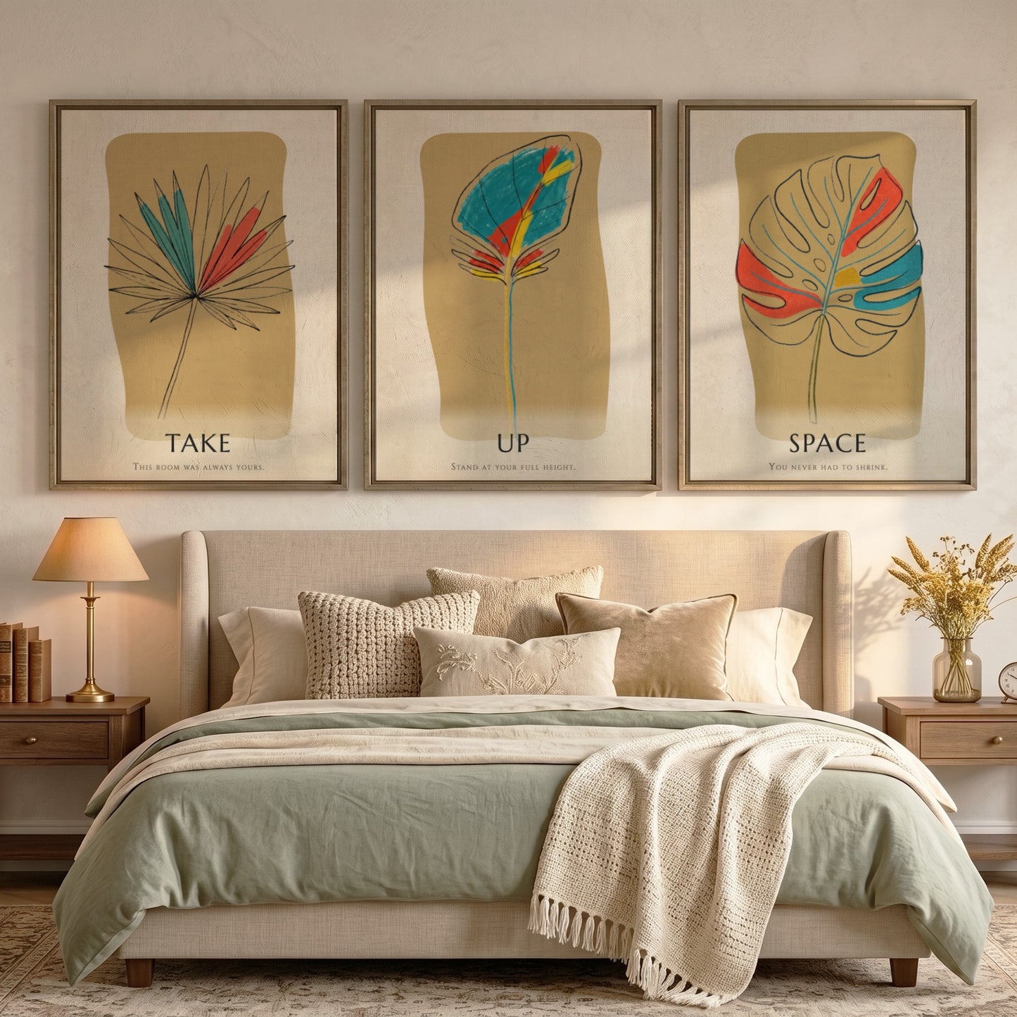 Poster set featuring three botanical leaf illustrations with minimalist text on warm ochre backgrounds.