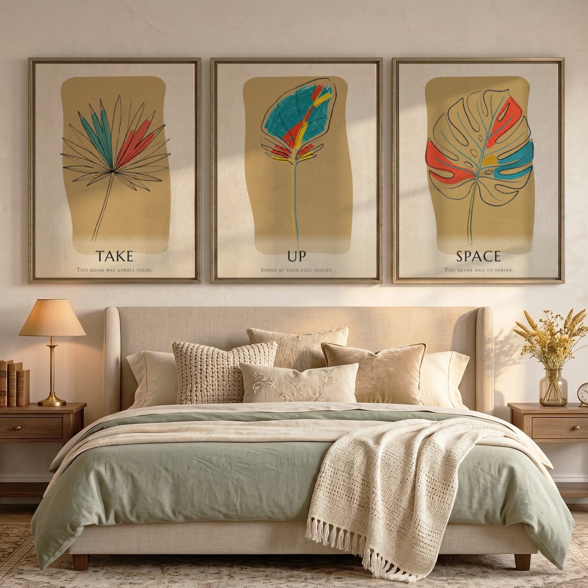 Poster set featuring three botanical leaf illustrations with minimalist text on warm ochre backgrounds.