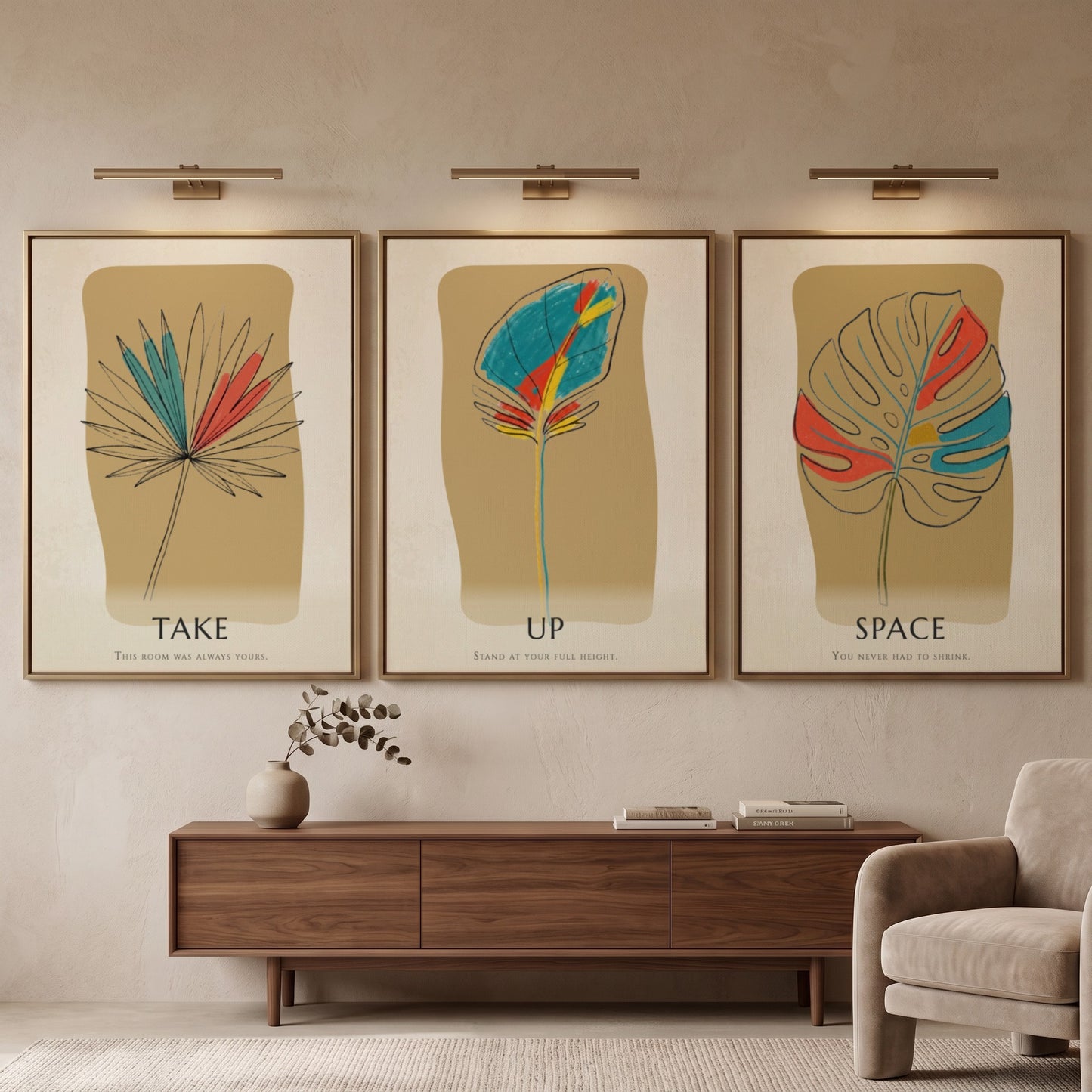 Poster set featuring three botanical leaf illustrations with minimalist text on warm ochre backgrounds.