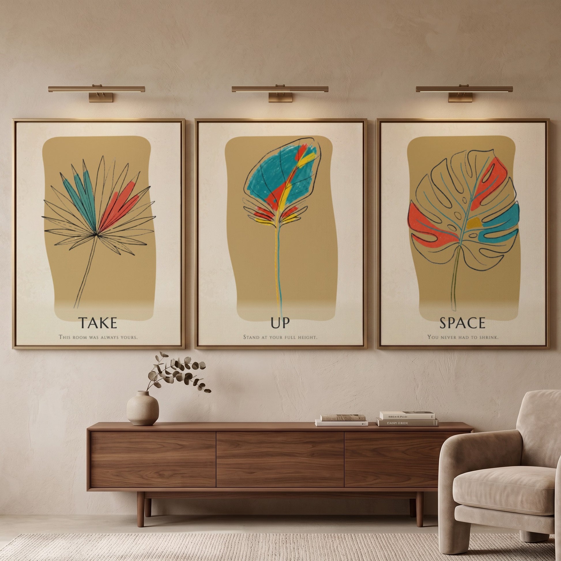 Poster set featuring three botanical leaf illustrations with minimalist text on warm ochre backgrounds.