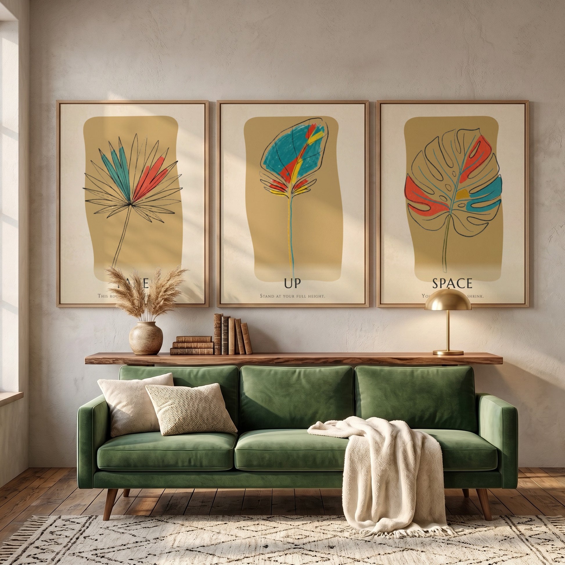 Poster set featuring three botanical leaf illustrations with minimalist text on warm ochre backgrounds.
