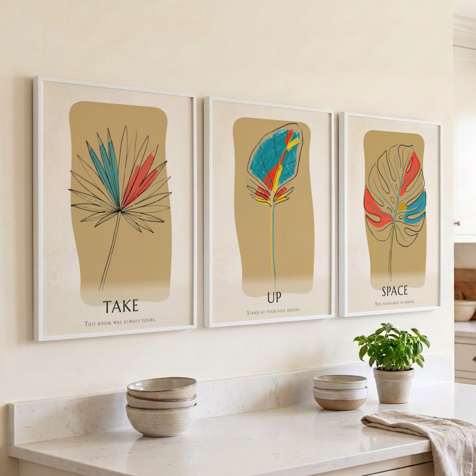 Poster set featuring three botanical leaf illustrations with minimalist text on warm ochre backgrounds.