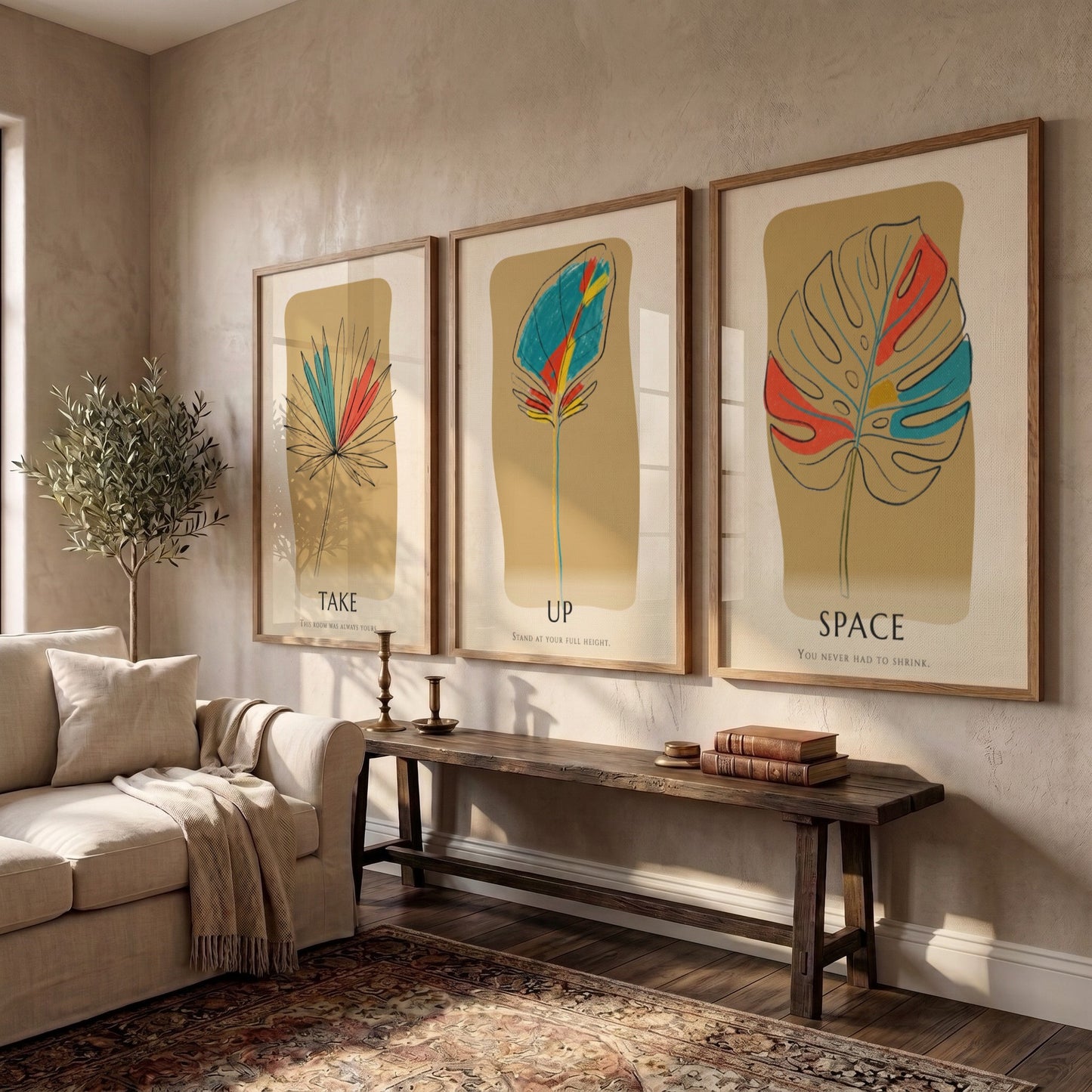 Poster set featuring three botanical leaf illustrations with minimalist text on warm ochre backgrounds.