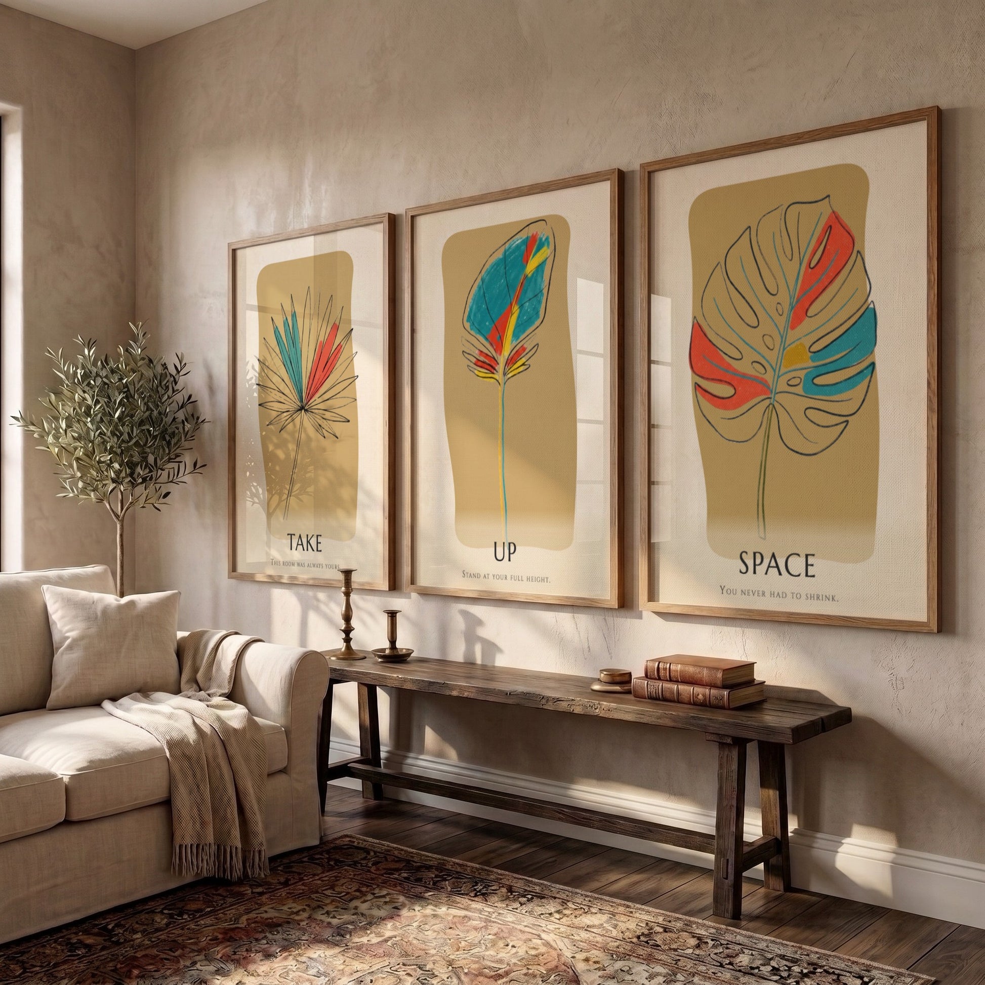 Poster set featuring three botanical leaf illustrations with minimalist text on warm ochre backgrounds.