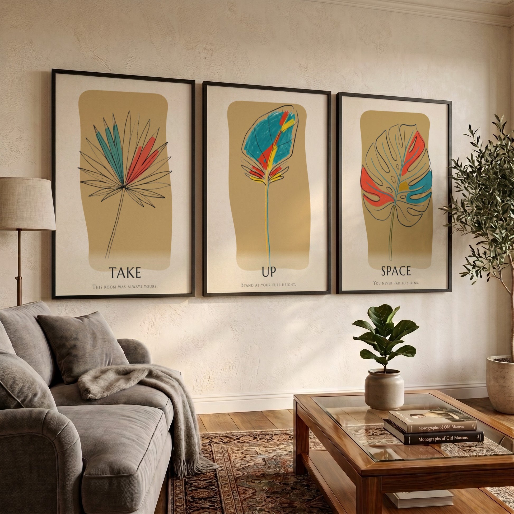 Poster set featuring three botanical leaf illustrations with minimalist text on warm ochre backgrounds.