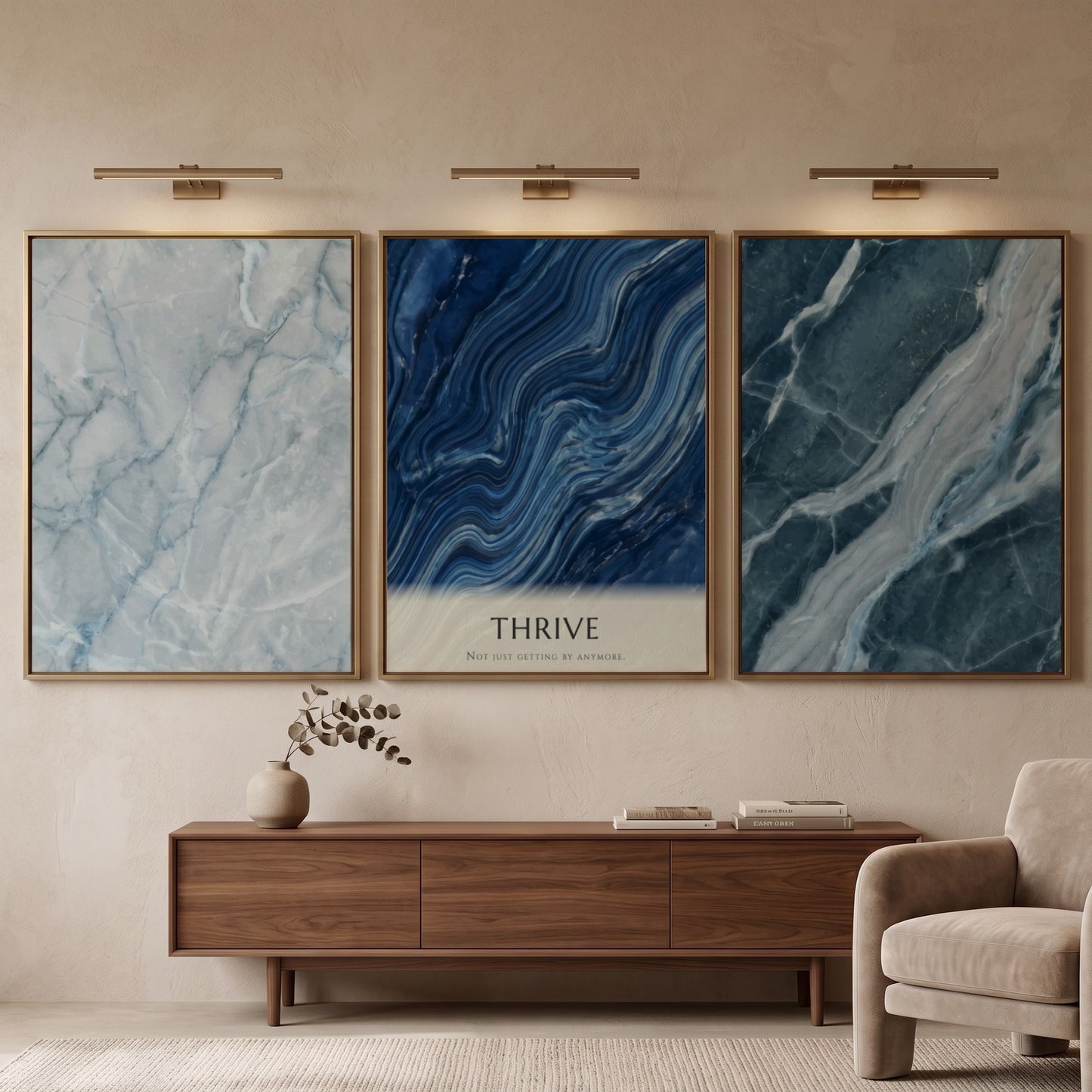 Poster set featuring blue marble textures and the word Thrive in minimalist style
