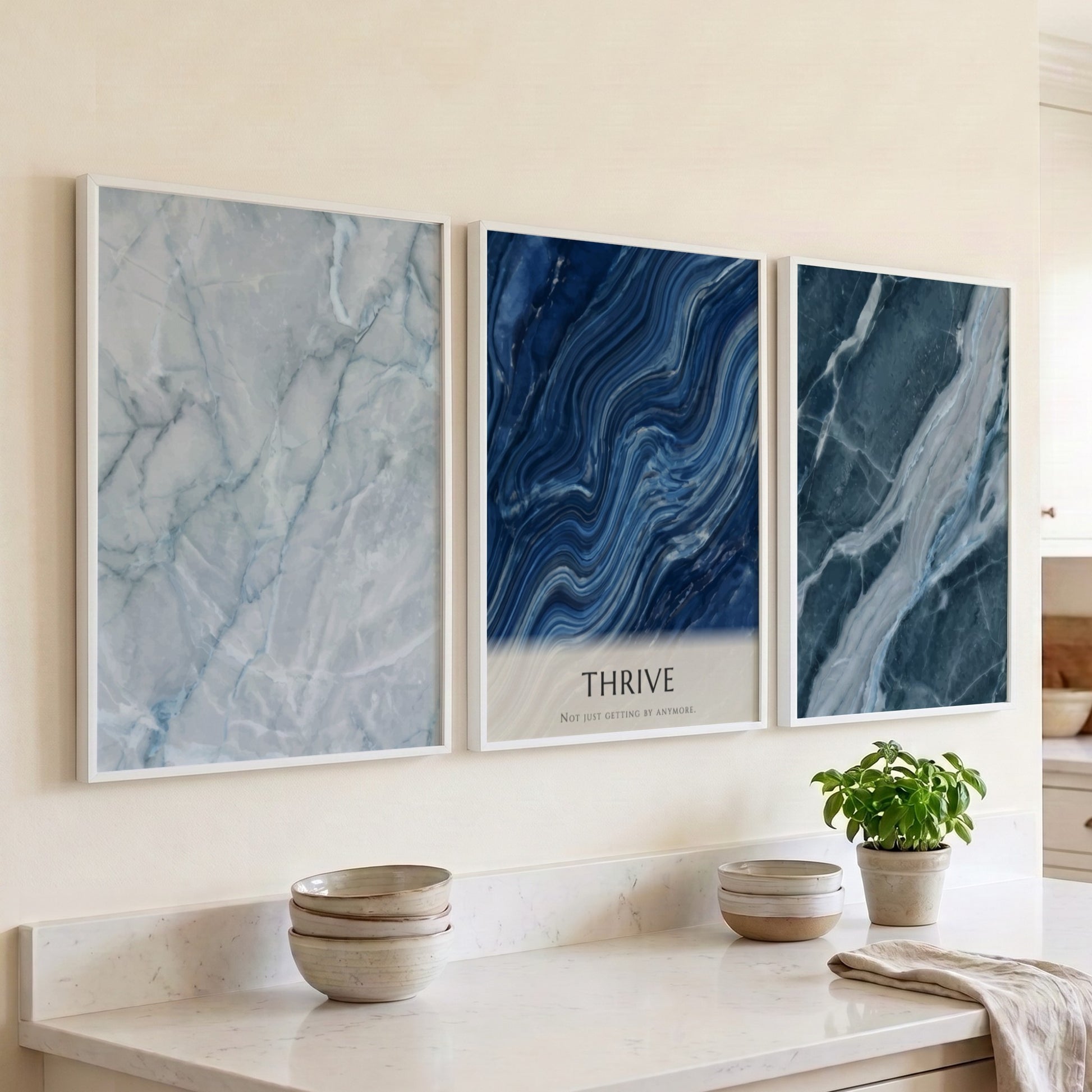 Poster set featuring blue marble textures and the word Thrive in minimalist style