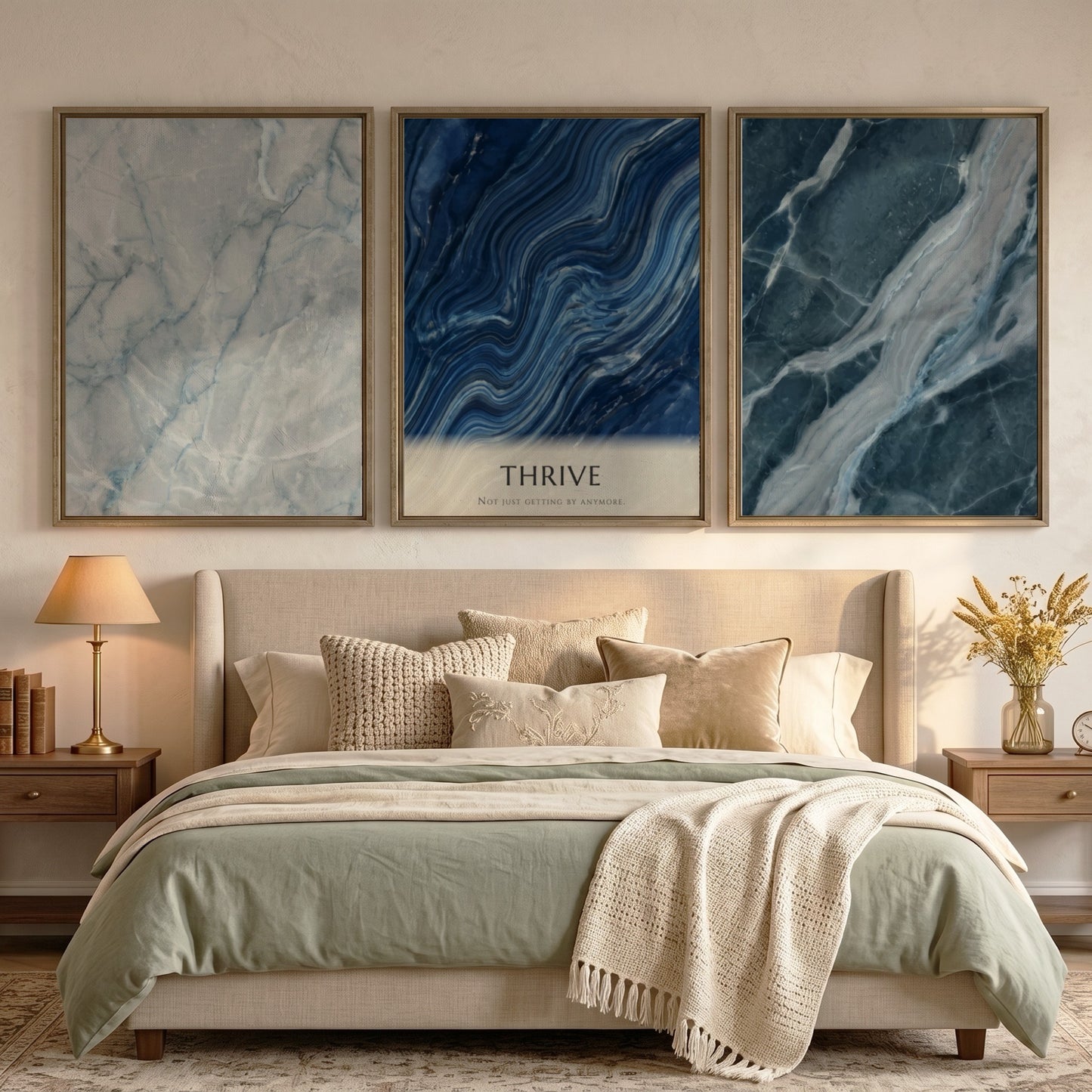 Poster set featuring blue marble textures and the word Thrive in minimalist style