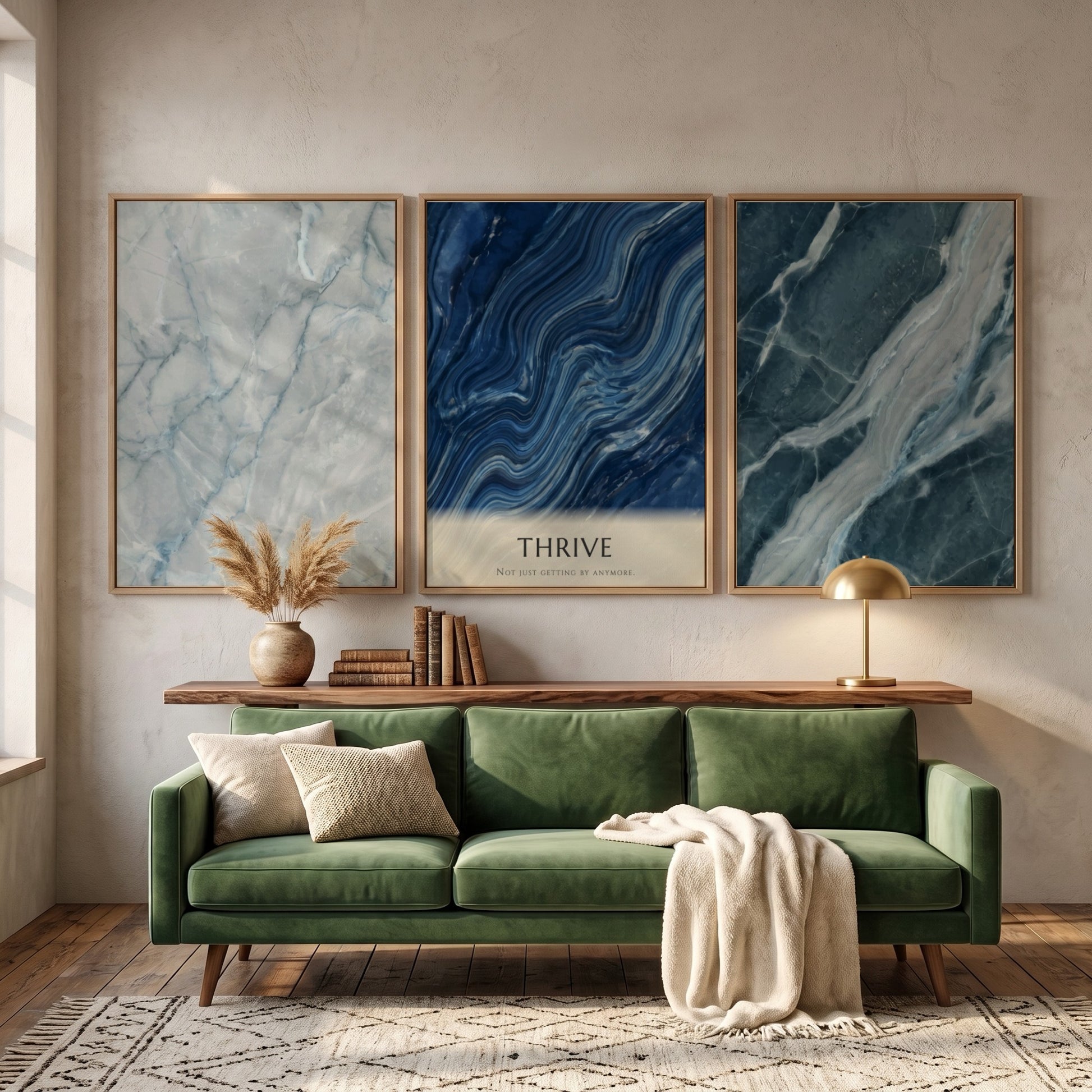 Poster set featuring blue marble textures and the word Thrive in minimalist style