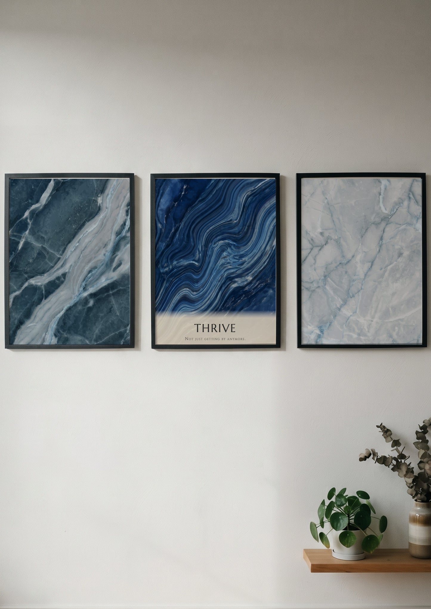 Poster set featuring blue marble textures and the word Thrive in minimalist style